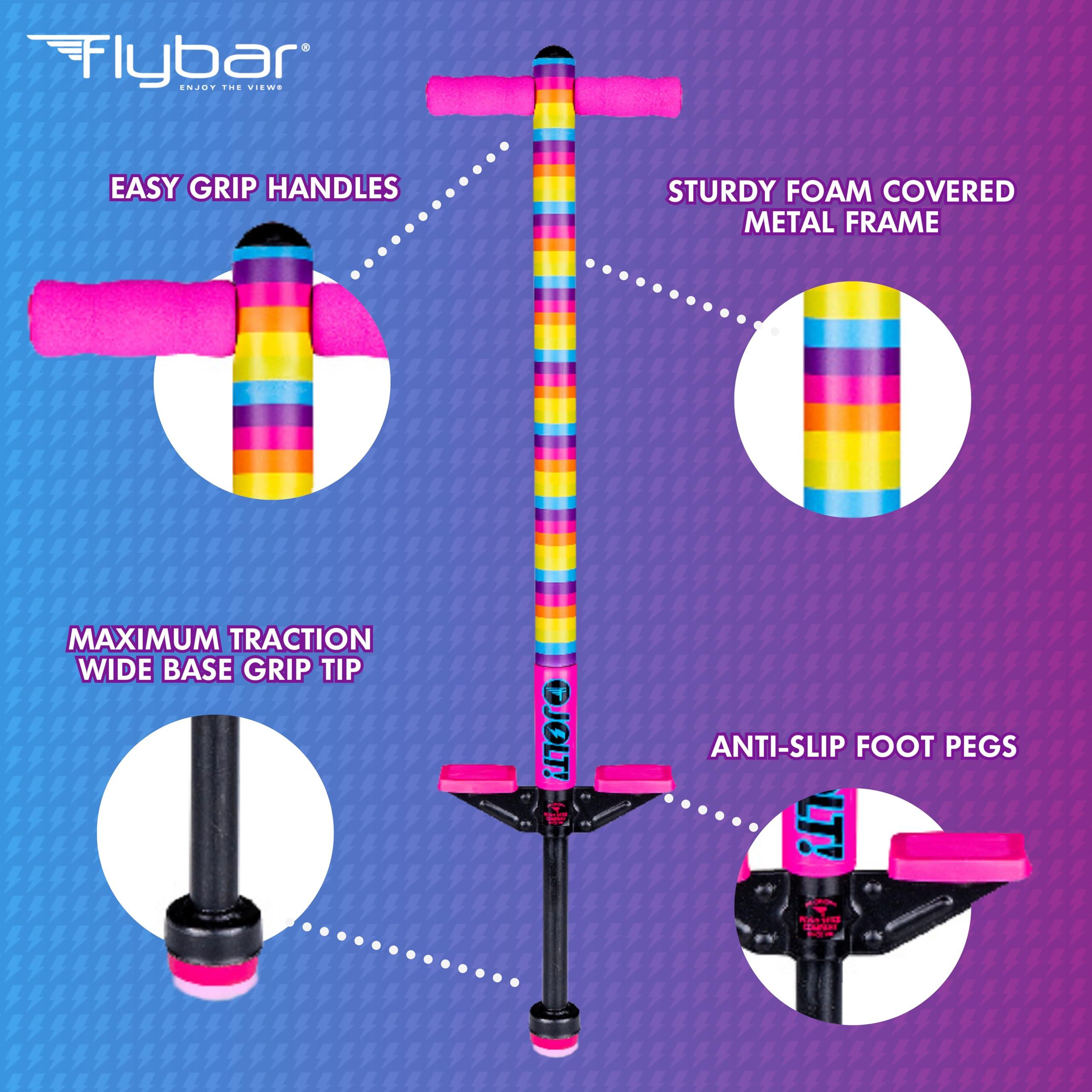 Flybar Flybar Pogo Stick for Kids, 40 to 80 Pounds, Perfect for Beginners, Easy Grip Foam Handles, Anti-Slip Foot Pegs, Outdoor Toys for Boys, Jumper Toys for Girls, Outside Toys for Kids (Jolt, Rainbow)
