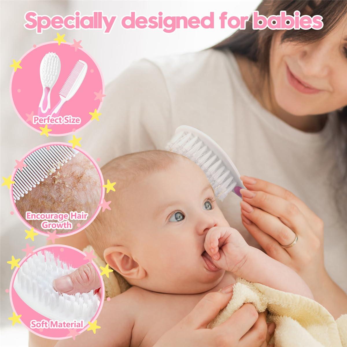 Little Angel Baby Hair Brush and Comb Sets, New Born Baby Hair Brushes, Perfect Baby Registry Gift for Newborns(Pink)