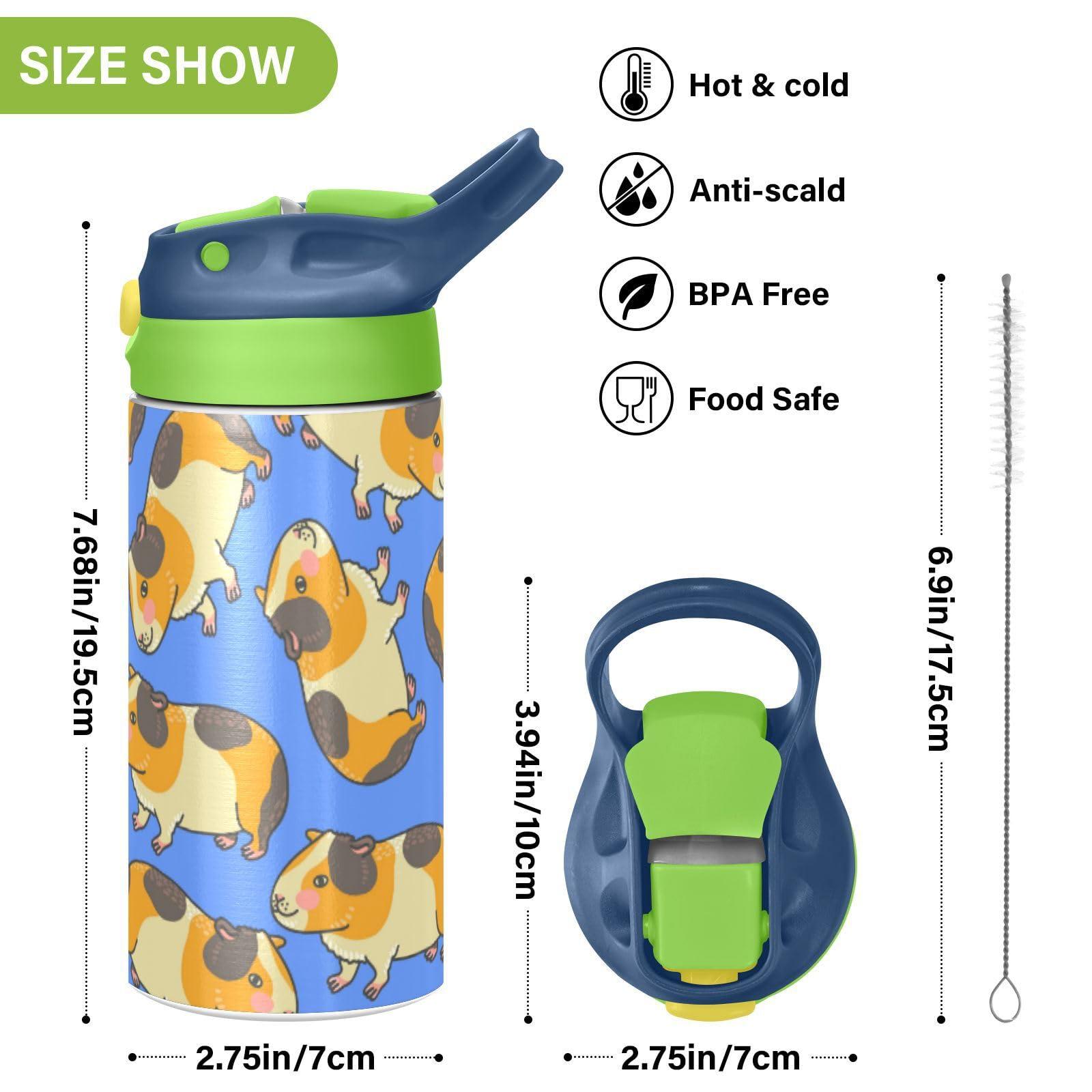 Wusikd Cartoon Guinea Pig Water Bottle with Straw Insulated Stainless Steel Cute Water Bottles for Cups Thermos for School Boys Girls BPA Free Cups 12 oz Green Top