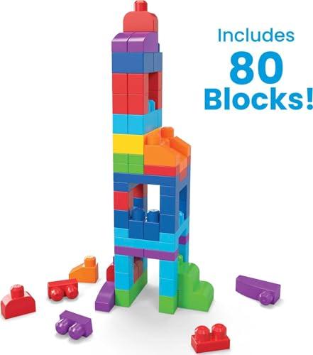Mega MEGA BLOKS First Builders Toddler Blocks Toys Set, Big Building Bag with 80 Pieces and Storage, Blue, Ages 1+ Years