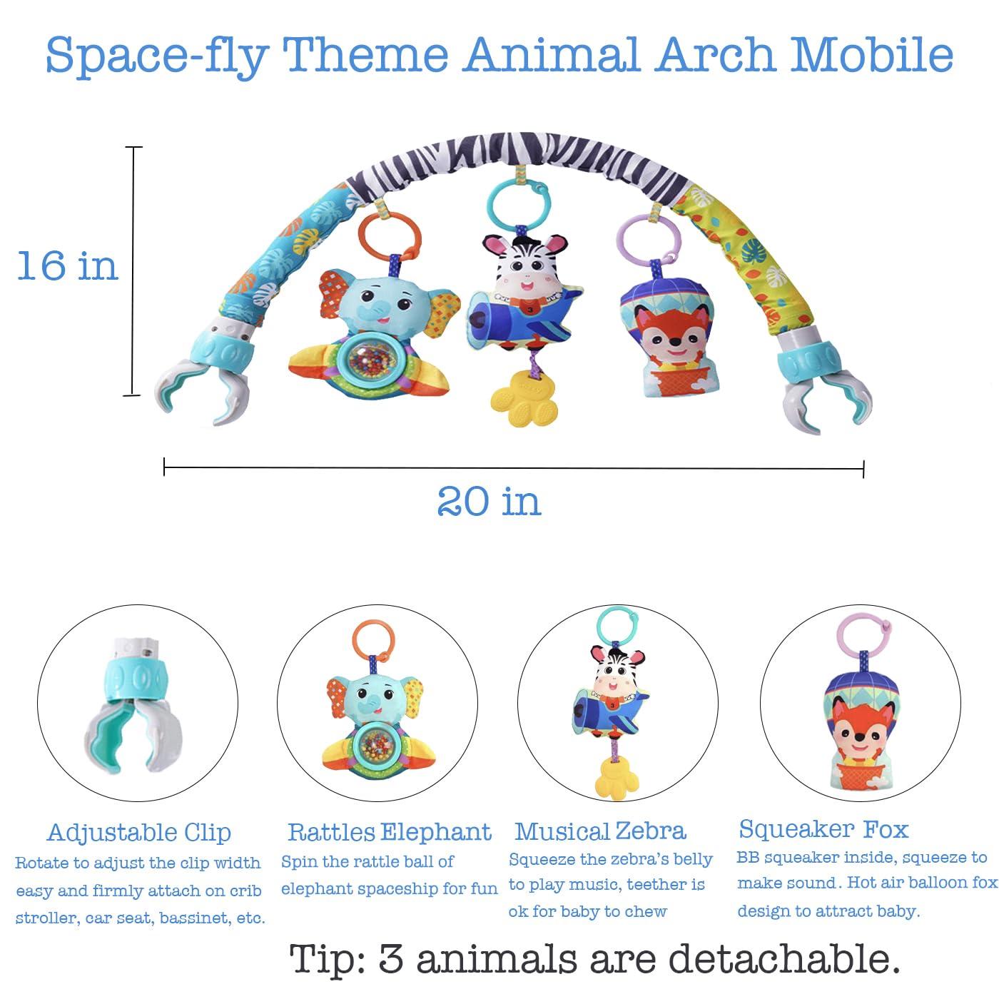 BATOHO Baby Stroller Arch Toy, Clip On Arch Mobile for Bassinet with Universal Clamps, Activity Toy Bar for Baby Bouncer Musical Crib Mobile Toys for Infants Baby Car Seat Toys Rattle Elephant Squeaker Zebra