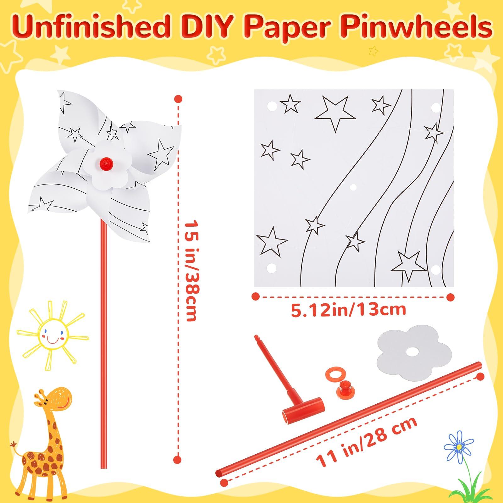 Simgoing 50 Pcs DIY Pinwheels Craft White Blank Paper Pinwheels Patriotic Craft Bulk Spring Summer Craft Kit for Kids Fun Carnival Arts and Craft Activity Daycare Project Party Favor