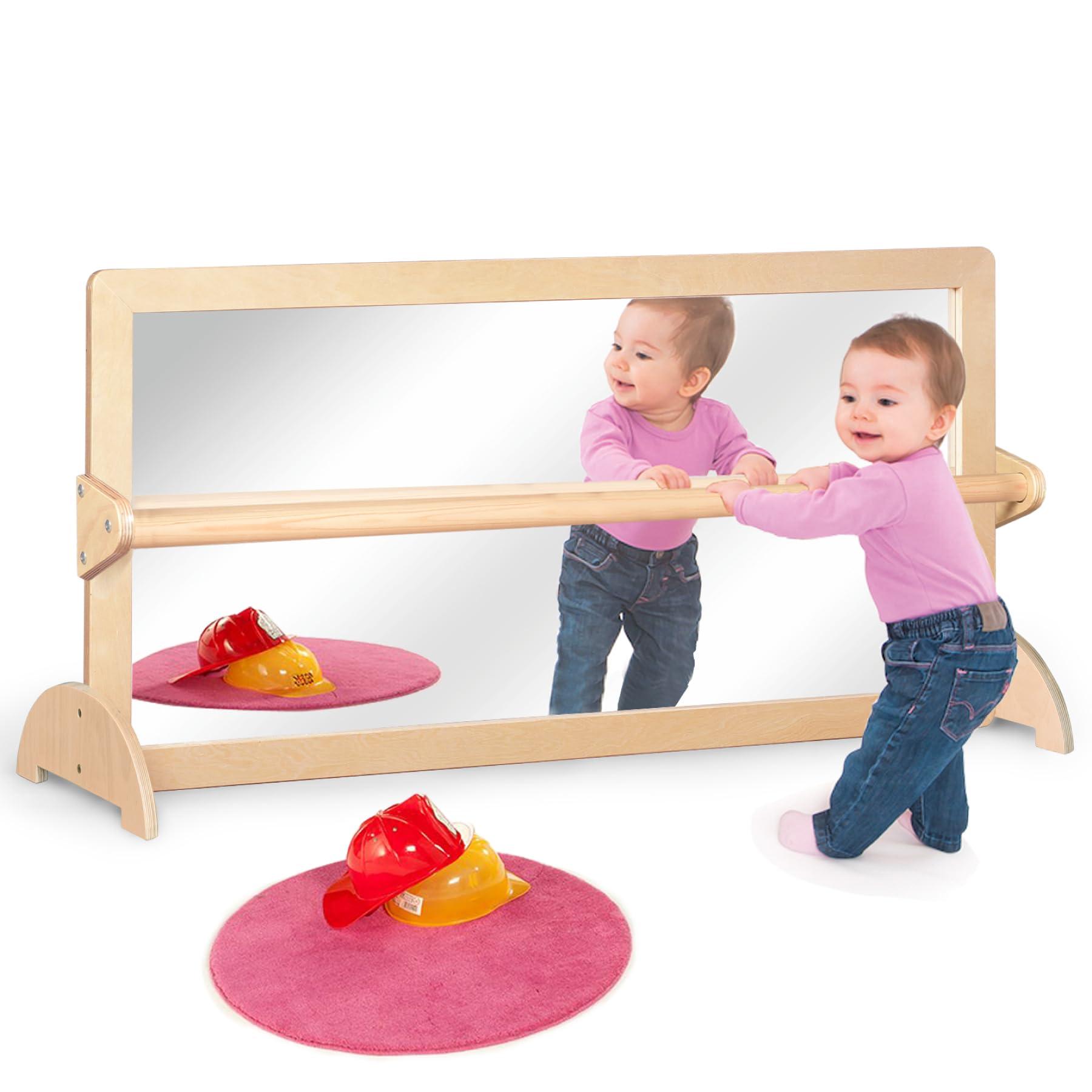 KRAND KRAND 3-Position Montessori Wood Frame Non-Shatter Safety Pull Up Bar Baby Big Mirror Set, Infant Coordination Mirror, Kids Classroom Furniture for Daycare, Homeschool or Preschool