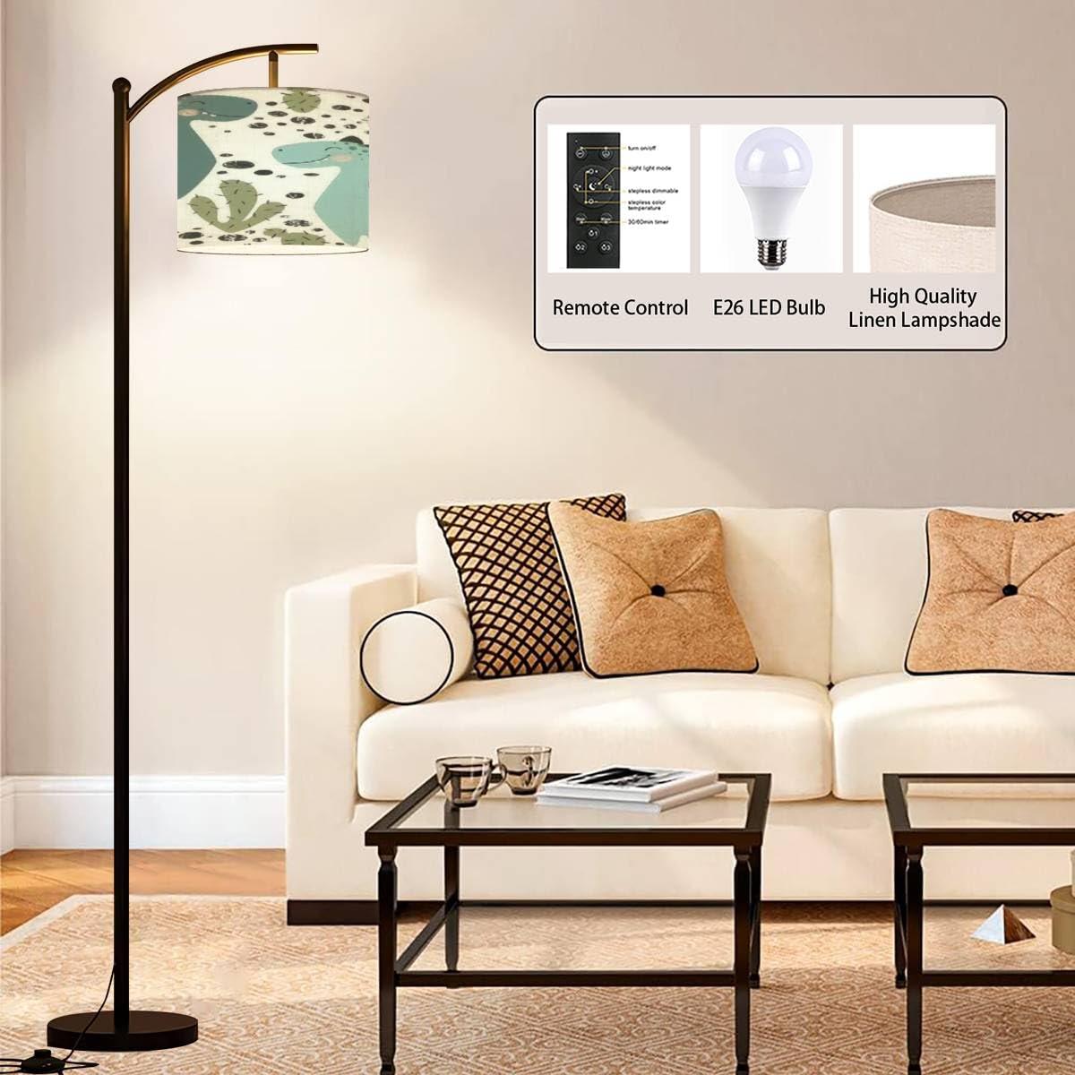 BVCAHSAW Arc Floor Lamp Dinosaur baby boy seamless Sweet dino Scandinavian cute print Cool Modern Tall Standing Lamp Dimmable with Remote Adjustable Drum Shade Footswitch for Living Room Bedroom Office