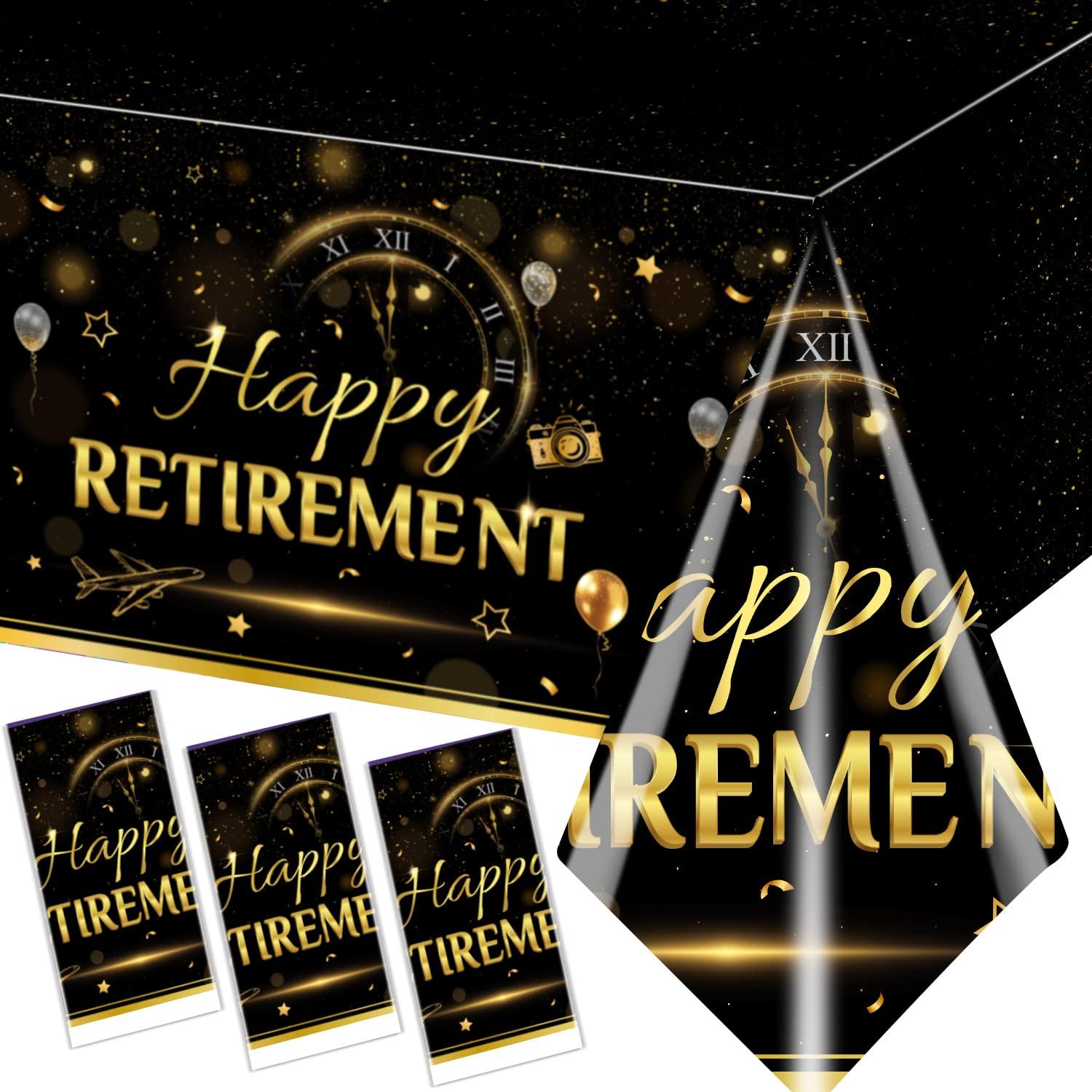 GREHUMOR GREHUMOR Happy Retirement Tablecloth 3Pcs-Retirement Party Decorations Black and Gold Tablecloth Plastic Rectangle Disposable Table Cover Rectangle Waterproof
