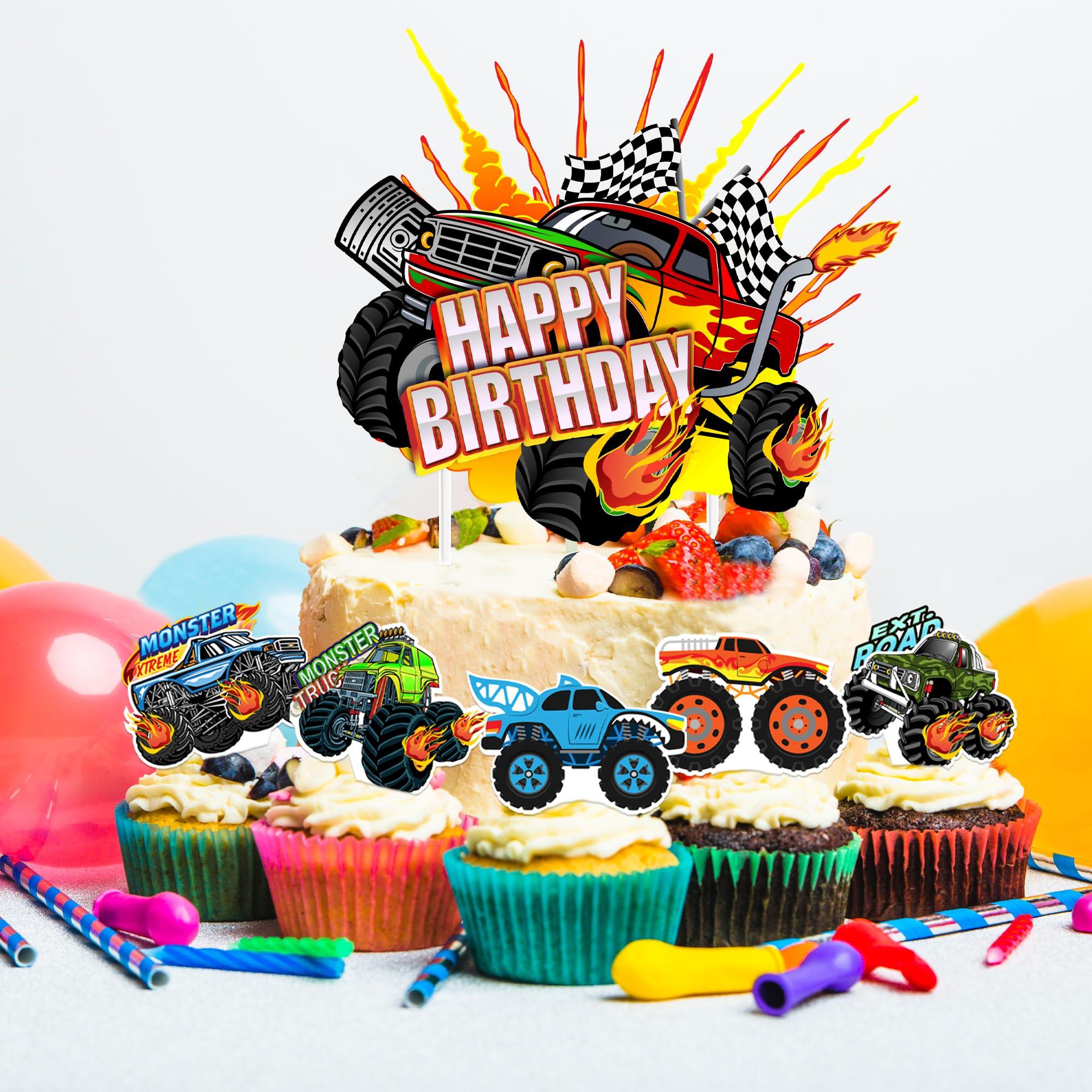 Haxpacal Haxpacal Truck Cake Topper, 49pcs Monster Car Theme Birthday Party Supplies, Red, Green, Blue Cake Decorations for Kids Birthday, Baby Shower Party Decorations