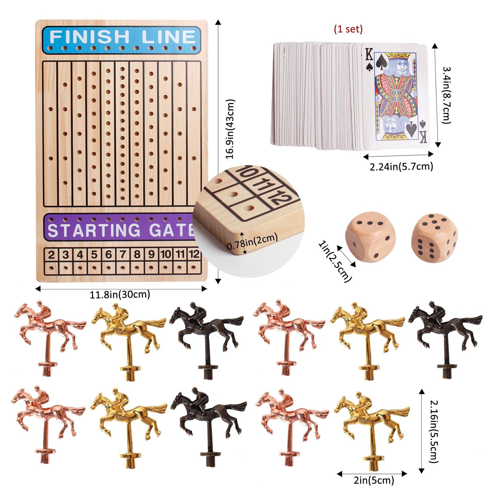 BESTAMTOY Horse Race Board Game Racing Game Thickened Solid Wood 11 Luxurious Durable Classic Metal Horses with 2 Dice and 1 Boxes of Cards Horse Racing Game