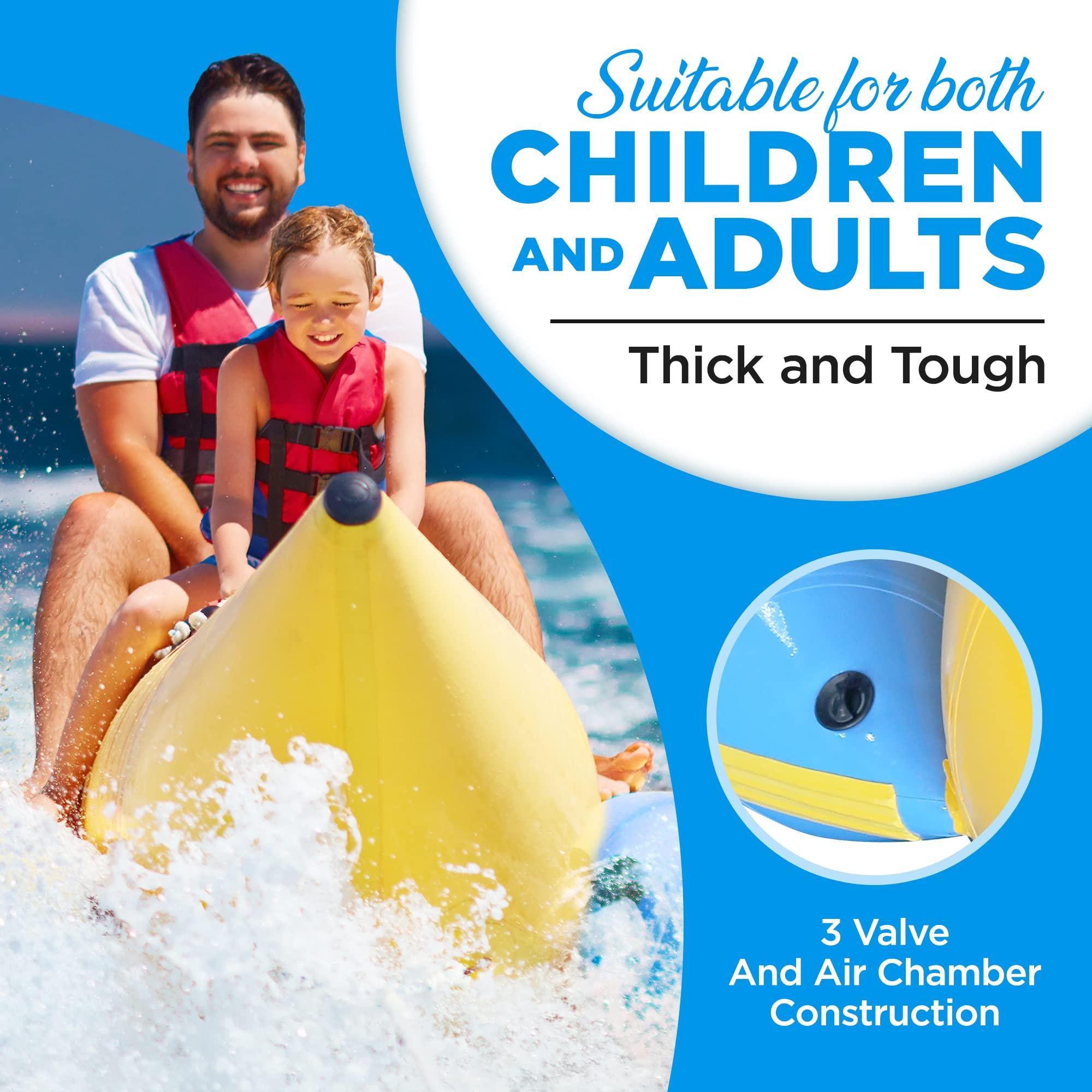 SereneLife SereneLife 3 Person Inflatable Banana Boat Tube, Includes Storage Bag, Foot Pump, and Repair Kit, Tough and Thick, Stainless Steel D-Rings, Reinforced Seats and Foot Areas