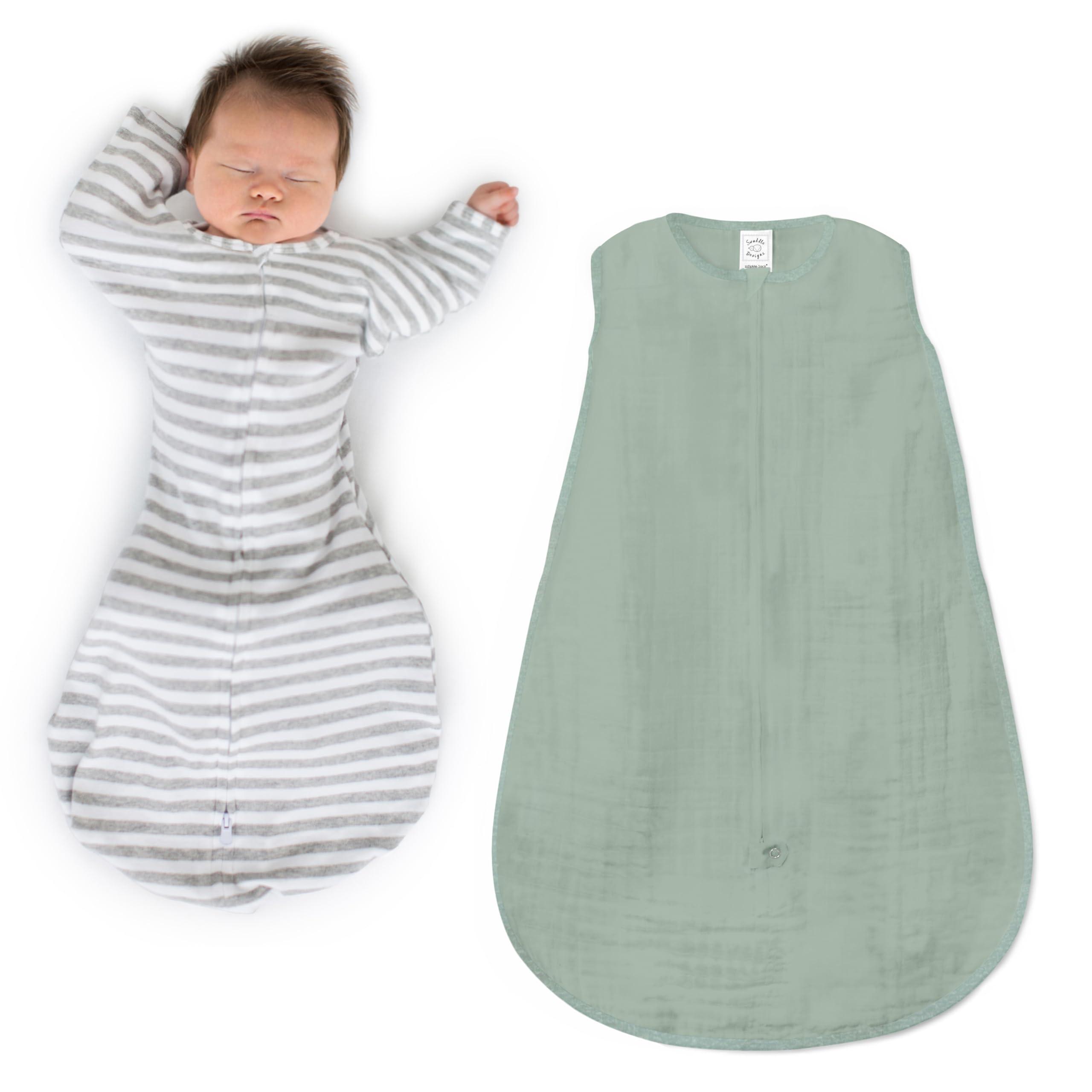 SwaddleDesigns SwaddleDesigns Baby Sleep Sack Set, Gray Stripes and Jade, 3-6 Mo Transitional Swaddle Sack with Arms Up Half-Length Sleeves & Mitten Cuffs and 0-6 Mo Cotton Muslin Sleep Sack with 2-Way Zipper