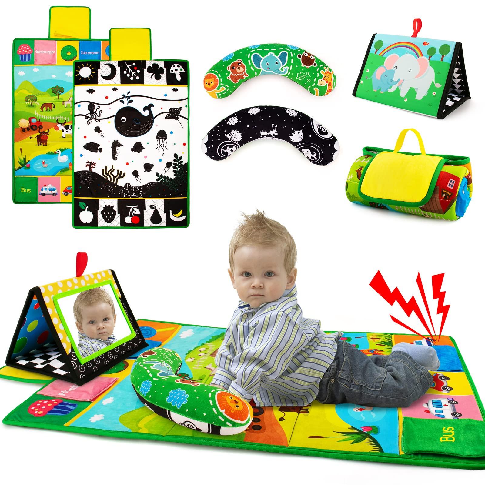 Inbeby Inbeby Tummy Time Mirror & Play Mat & Pillow 3-in-1, High Contrast Black and White Baby Toys, Activity Mat for Early Education, Newborn Infant Tummy Time Toy Set for 0 3 6 12 Month Crinkle/Squeake