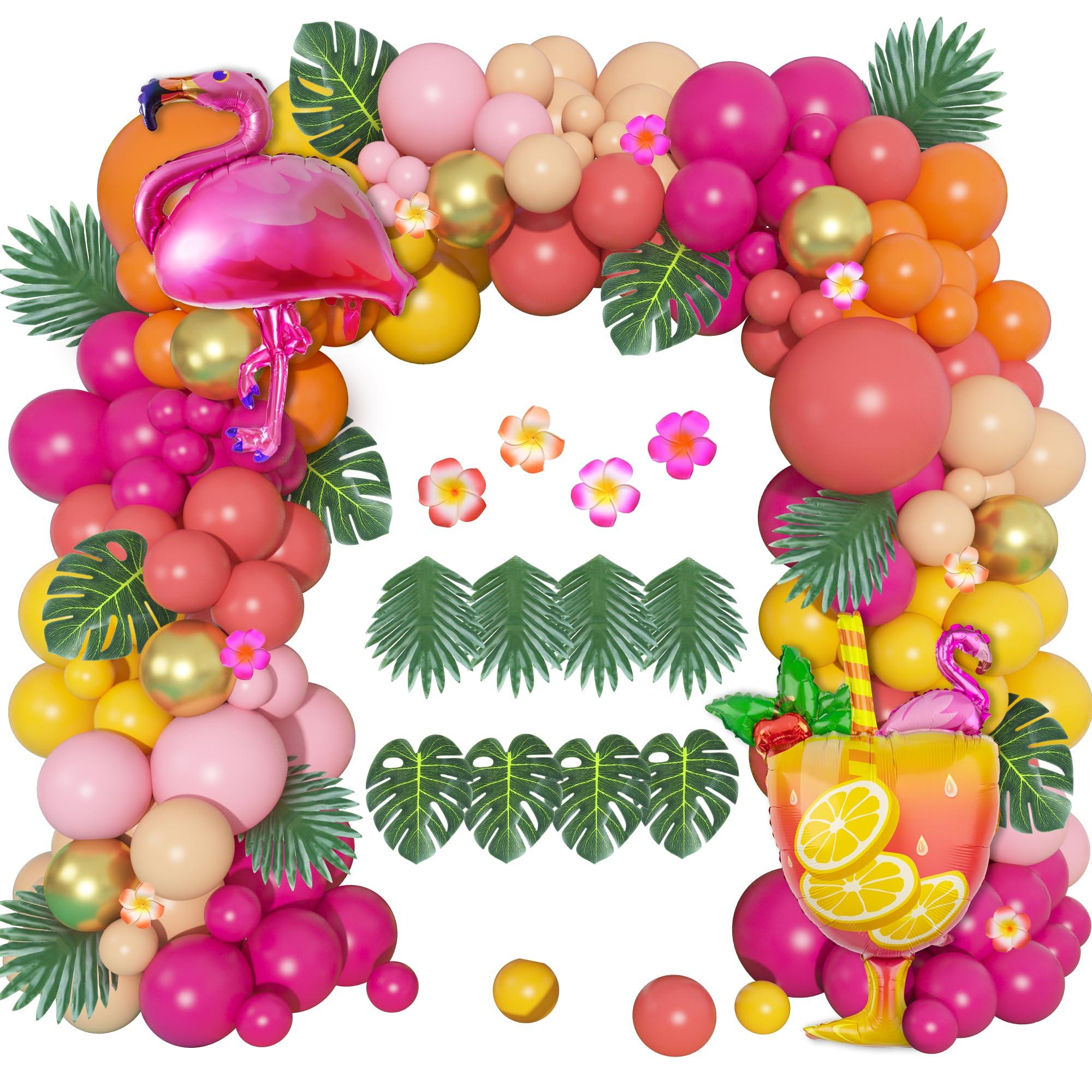 Ouddy Life Ouddy Life 178Pcs Tropical Balloons Arch Garland Kit, Luau Tropical Party Decorations with Aloha Pineapple Coconut Hot Pink Aqua Blue Balloons & Palm Leaves for Hawaiian Summer Birthday Supplies
