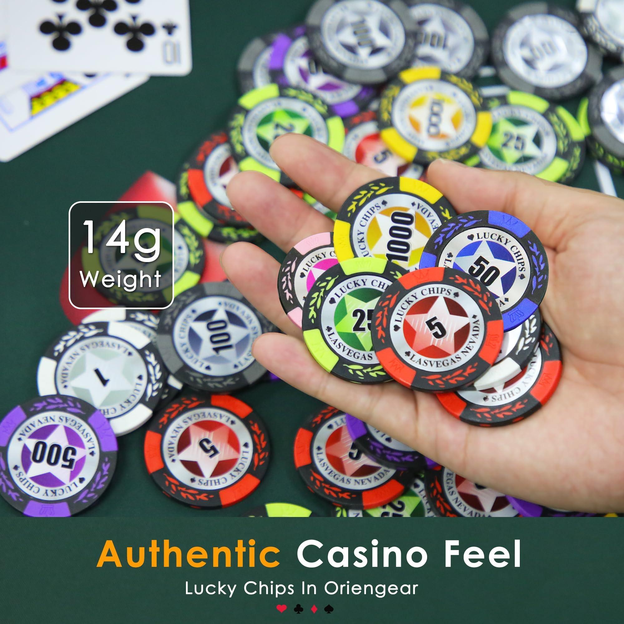 ORIENGEAR ORIENGEAR Poker Chips Professional, 50 Pcs 14 Gram Poker Chips Composite with Clear Denomination, Numbered Chips for Casino Card Game, Blackjack, Roulette Games, for Poker Lover, 8 Color