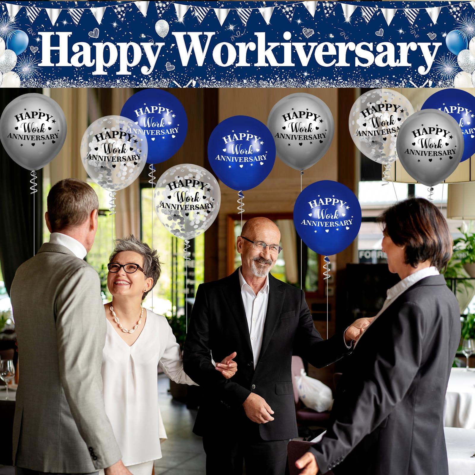 Yoirrat Happy Work Anniversary Decorations Banner Blue Happy Workiversary Banner Yard Sign with 18 Pcs Balloons for Office Anniversary Party Decoration Employee Appreciation Banner Office Party Supplies