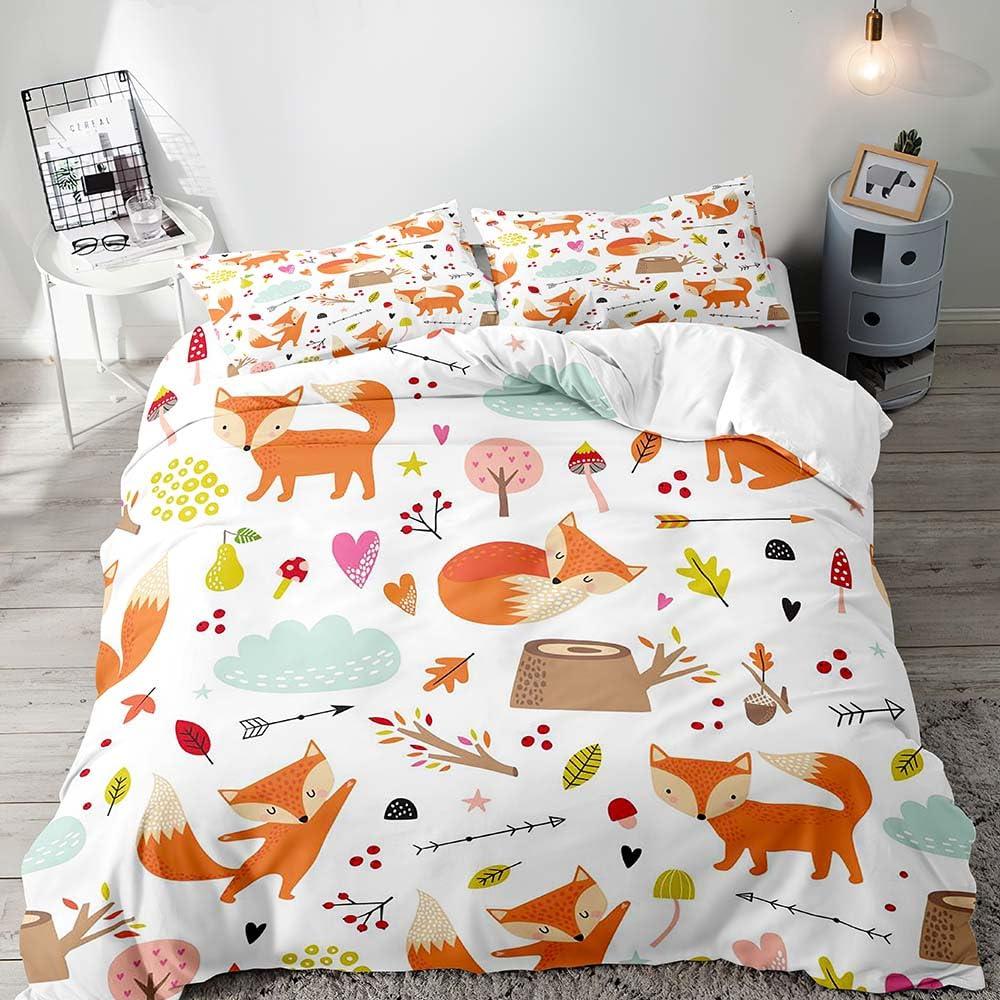 LUVIVIHOME LUVIVIHOME 3PCS Cute Fox Bedding, White Duvet Cover Full, Baby Girls Boys Toddler Kids Bedding, Cartoon Woodland Animals Wildlife Fox Comforter Bedspread Quilt Cover, Cute Room Decor, 2 Pillow Shams