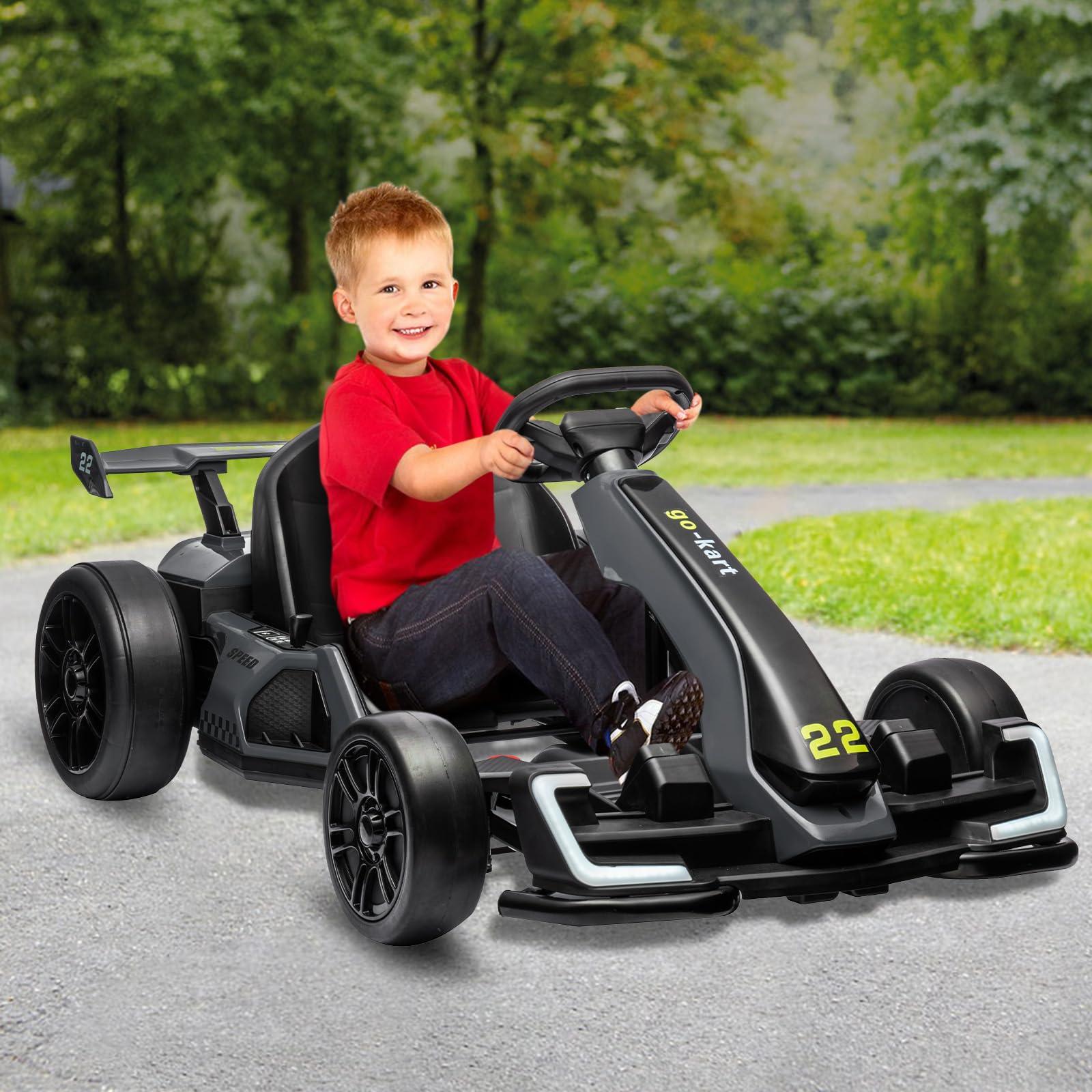 PALBY'S Go Karts for Kids,24V Electric Go Kart With 2 * 150W Powerful Motors,8mph Max Speed,Max Load 110lbs,W/Button Start,Lights,Safety Belt, Music Age 6-12-GREY