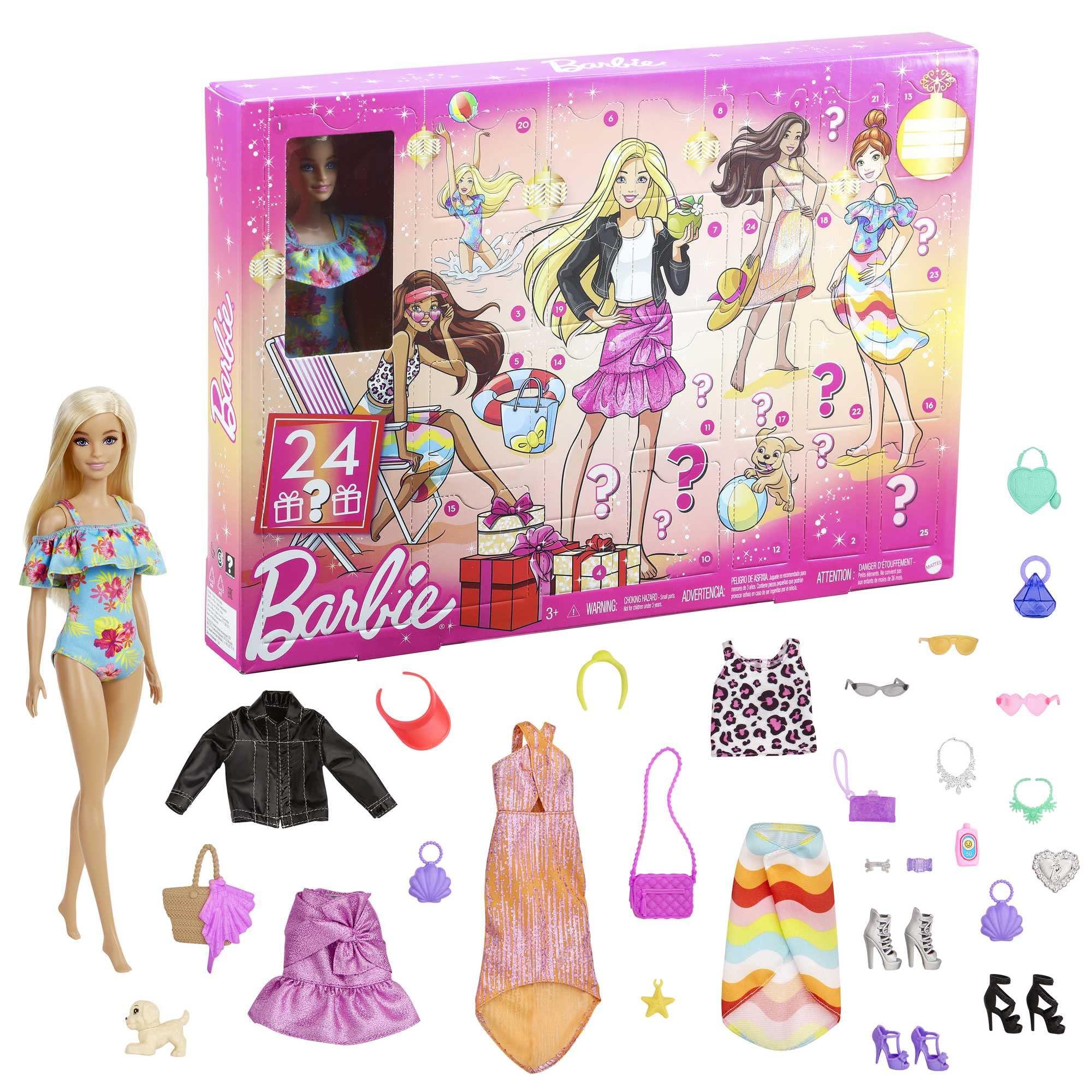 Barbie Barbie Advent Calendar with Barbie Doll (12-in), 24 Surprises Including Day-to-Night Trendy Clothing & Accessories, Festive Holiday Themed Packaging for Kids 3 to 7 Years Old