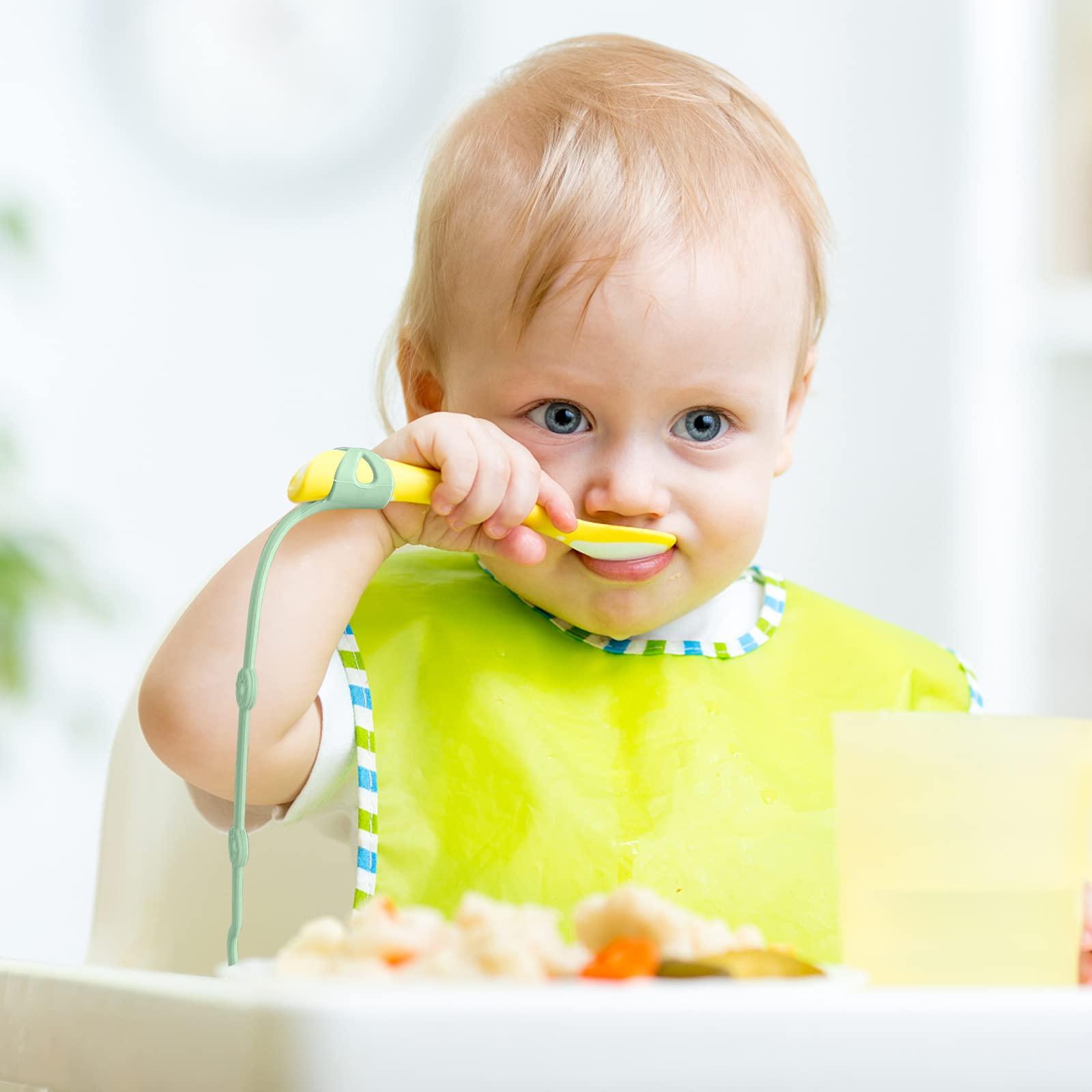 Gelinor Baby Spoons Self Feeding 6 Months Silicone Strap Toddler Utensils Fixer Highchair Accessories-Gelinor Feeding Aid for Keep Baby Utensils Close at Hand and Off The Ground(Beige)-No Spoon