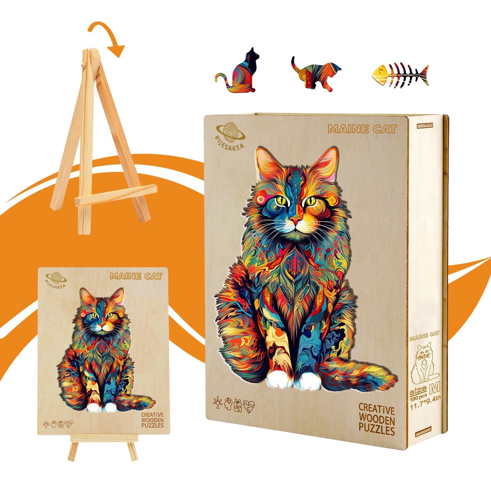 Pijesaksa Wooden Puzzles for Adults - Advanced Maine Cat Wooden Puzzle Unique Shape Puzzels Wooden Jigsaw Puzzles for Adults, Wood Puzzles Adult, Cat Gifts for Cat Lovers, Family Puzzles 11.7 x 9.4in 190pcs