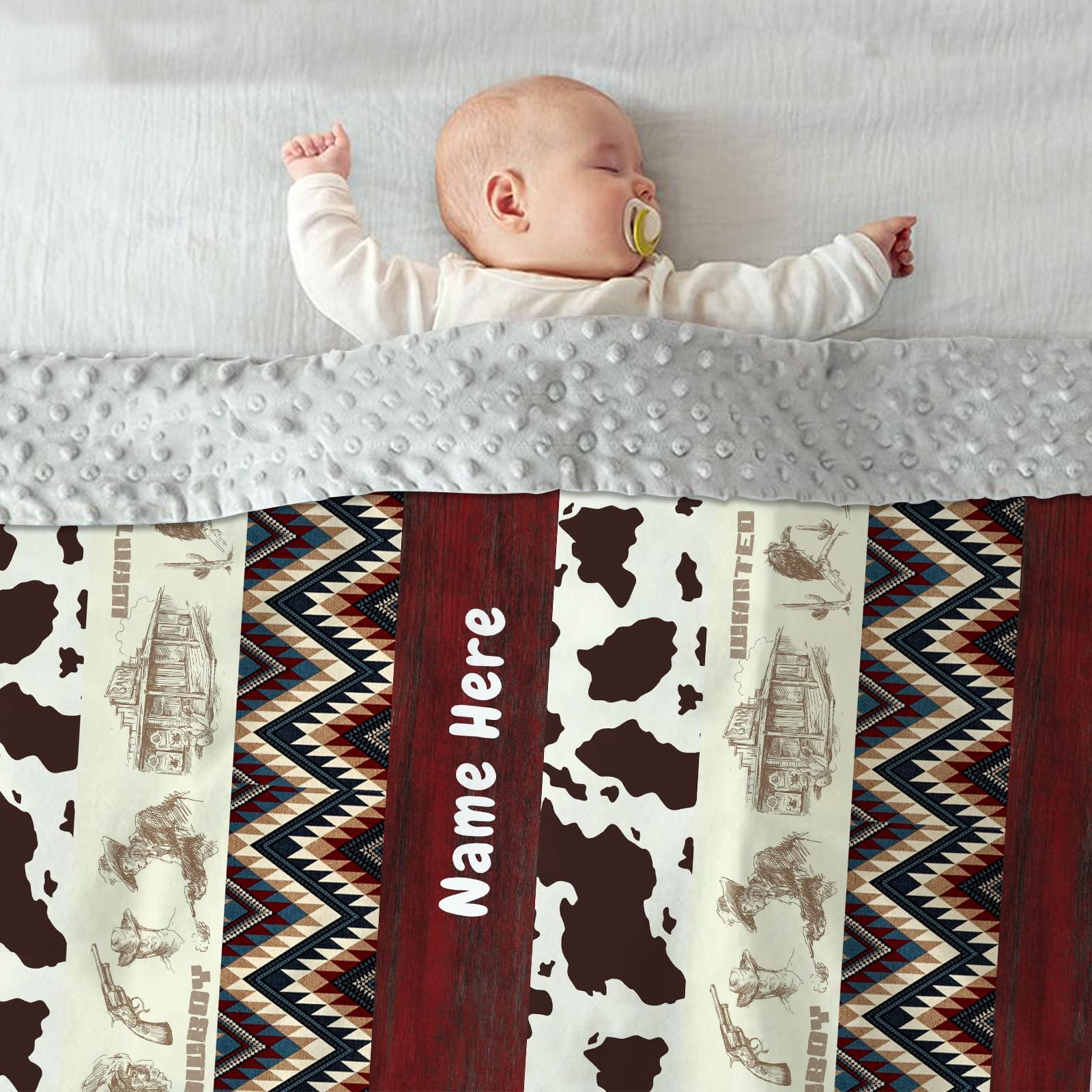 Munific Personalized Baby Name Cowboy Baby Bedding, Western Crib Bedding, Cow Markings Blanket, Boy Baby Blanket,Custom Minky Dot Blankets for Kids,Patchwork Blanket,Home Decor