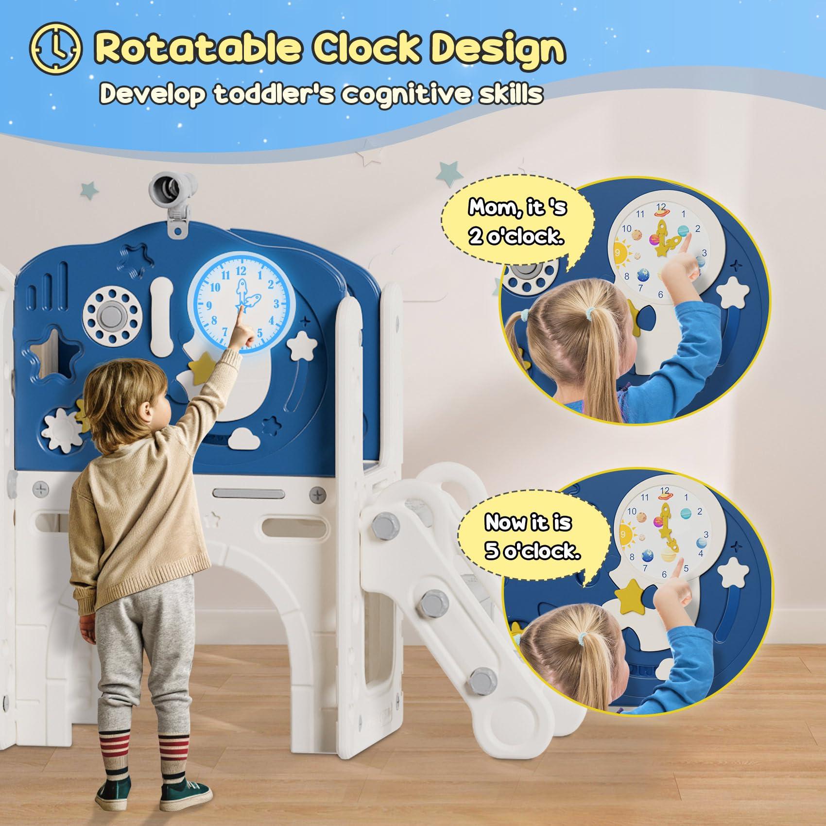 BIERUM BIERUM 10 in 1 Toddler Slide, Astronaut Themed Baby Slide for Toddlers Aged 1-3, with Astronaut Design, Phone Call Design and Basketball Hoop, Toddler Playset Toddler Playground Blue Gray