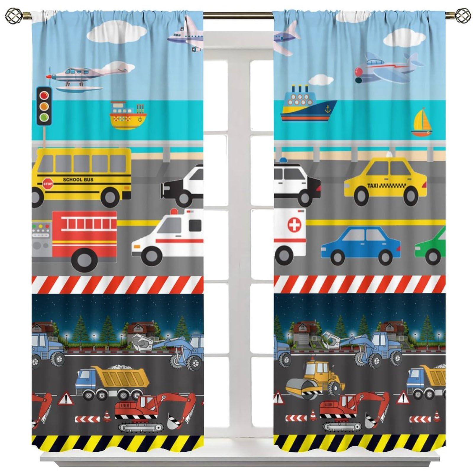 DDCBNS DDCBNS Kids Construction Curtains for Bedroom,Cartoon Colorful Cars Bulldozer Tractor Truck Airplane Ship Print Window Treatments for Boys Baby Room Nursery Study 2 Panels Set,Total Size 42 x 63 Inch