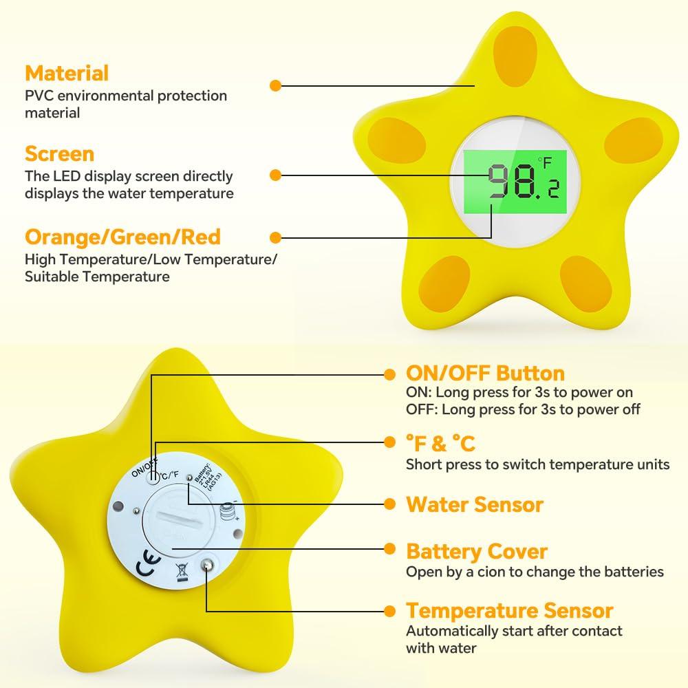 Miedecdel Baby Bath Thermometer, Infant Digital Water Thermometer Safety with 3 Color Backlit and Temperature Warning, Room Thermometer Floating Toy for Infant, Toddler, Bathtub, Swimming Pool (Yellow)