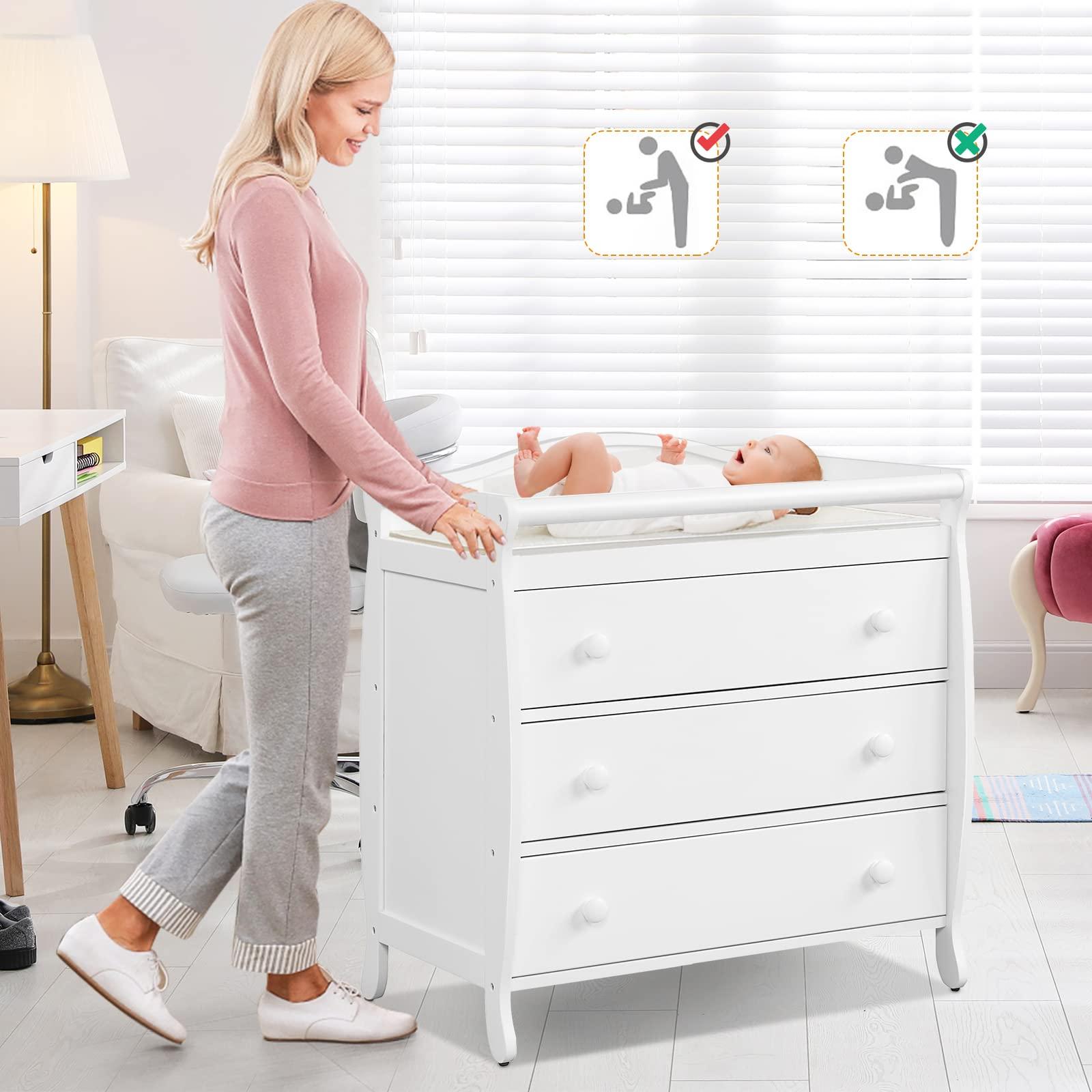 Costzon Costzon 3-Drawer Changing Table, Infant Diaper Changing Station with Drawers, Safety Rails & Strap, Baby Changing Table Dresser for Nursery, Easy Assembly (White)