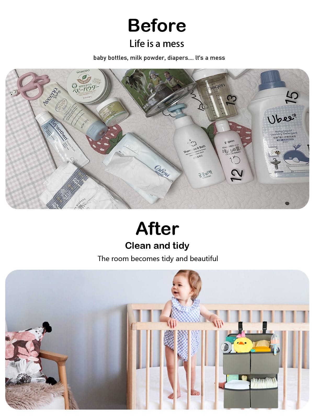 KIKJOK KIKJOK Hanging Diaper Organizer for Crib/Playpen/Bassinet Hold 80+ Diapers - 4 Deep Pockets-H19in x L15 in Changing Table Diaper Holder - Hanging Diaper Stacker Nursery Caddy Organizer - Grey