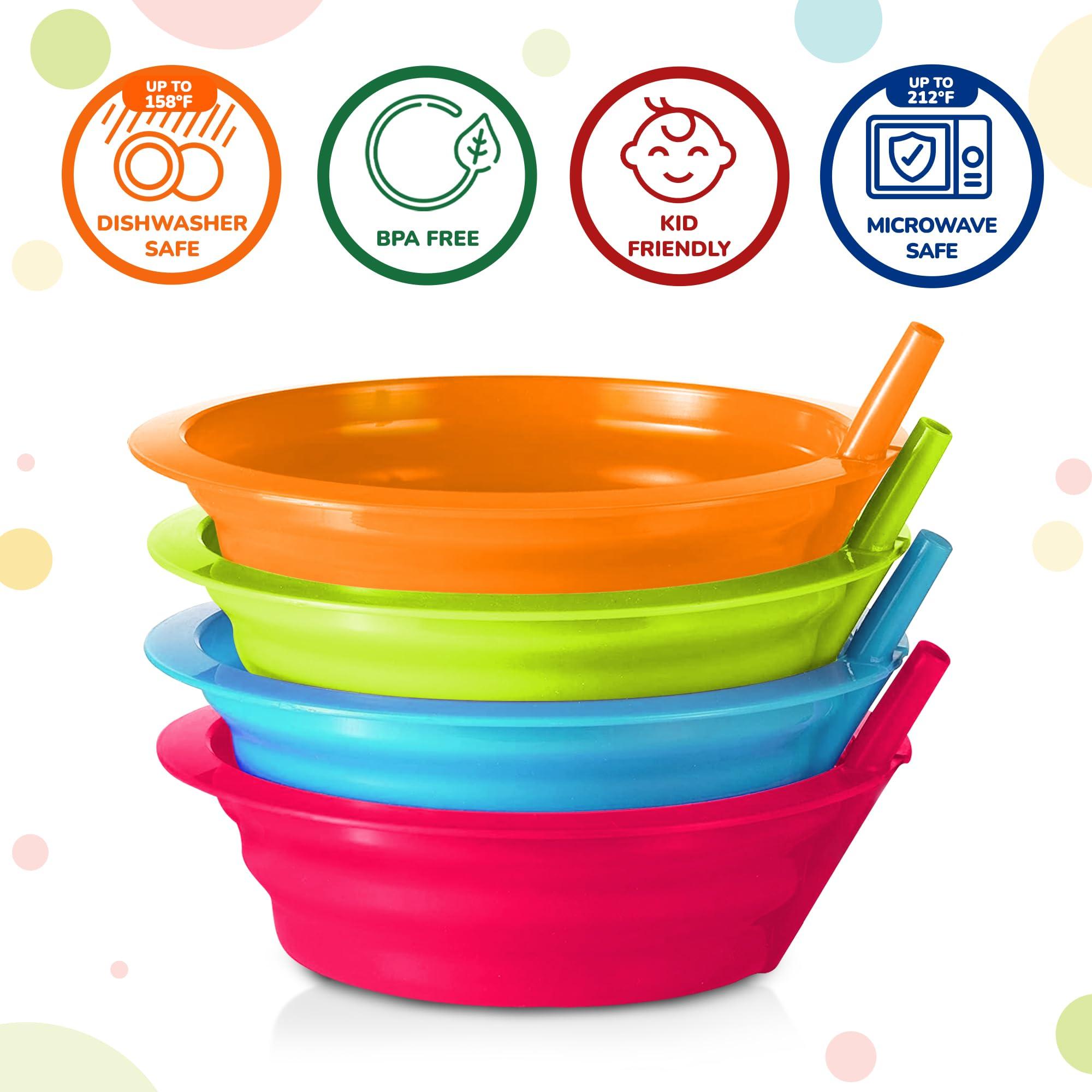 PLASKIDY PLASKIDY Kids Cereal Bowls with Straws - Set of 6 Plastic Bowl with Straw For kids BPA Free Dishwasher and Microwave Safe - 22 Oz Toddlers Bowls with Built-In Straws Includes 3 Cleaning Brushes