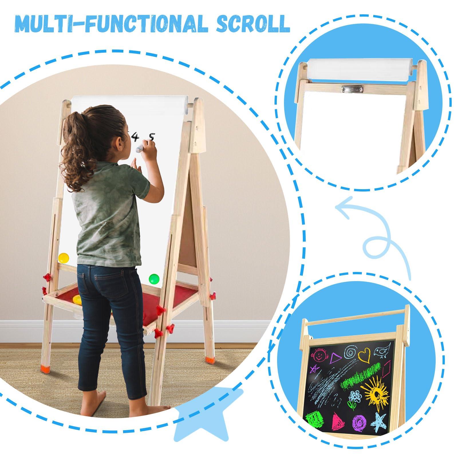 Hereinway Easel for Kids Including 100+ Accessories - White Board for Kids and Black Board Double Sided Adjustable Wooden Kids Easel with 1 Drawing Paper Roll Wooden Magnetic Drawing Board for Kids