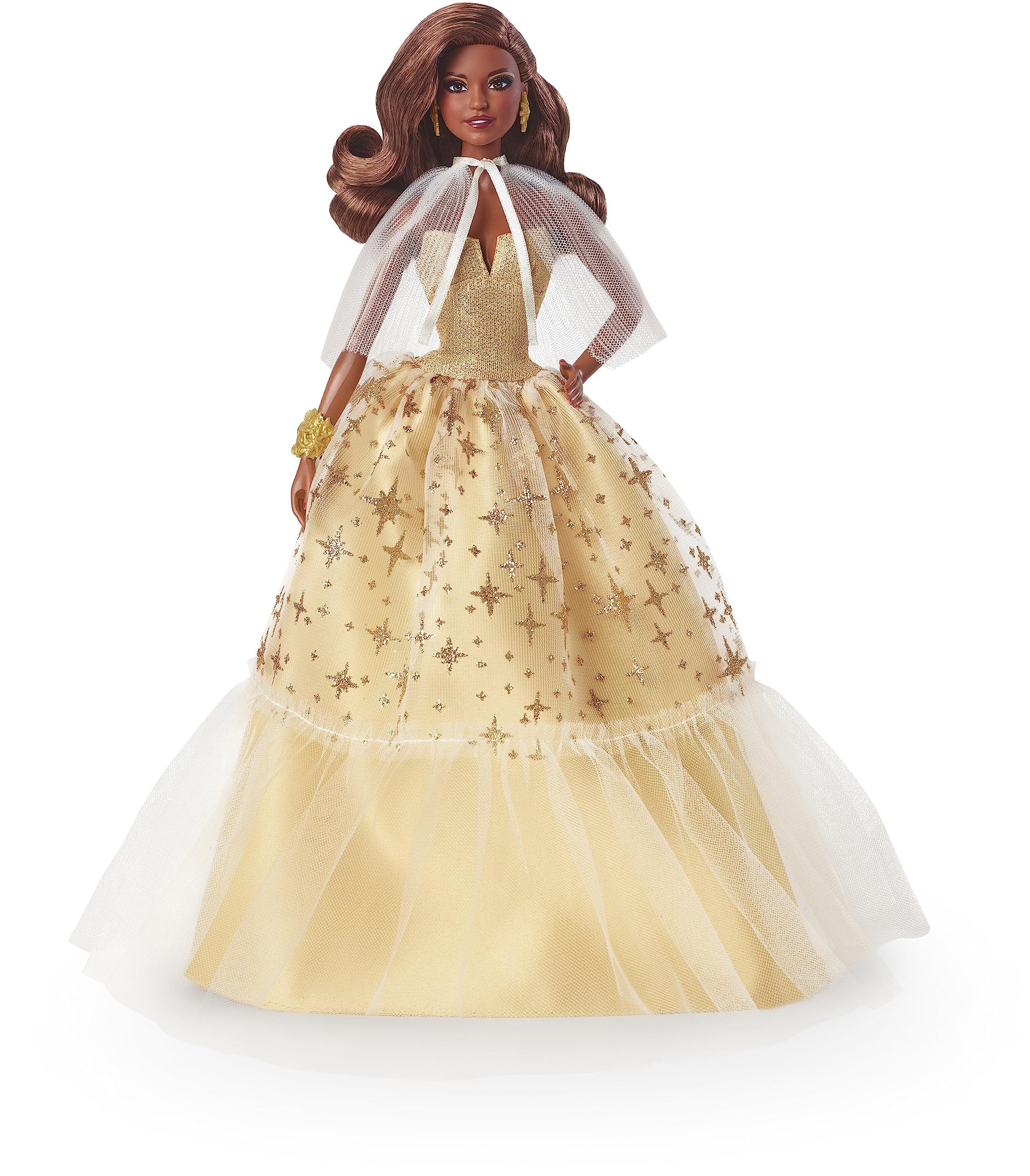 Barbie Barbie Signature Doll, 2023 Holiday Collectible with Golden Gown & Dark Brown Hair, Doll Stand & Displayable Packaging