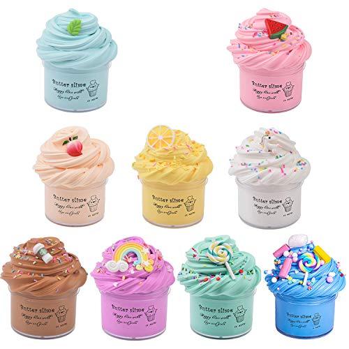 Keemanman Keemanman 9 Pack Butter Slime Kit with Mint Leaf, Watermelon, Peach, Lemon, Unicorn, Coffee, Rainbow and Candy Charms, Scented DIY Slime for Girls and Boys, Stress Relief Toy for Kids Party and Gift