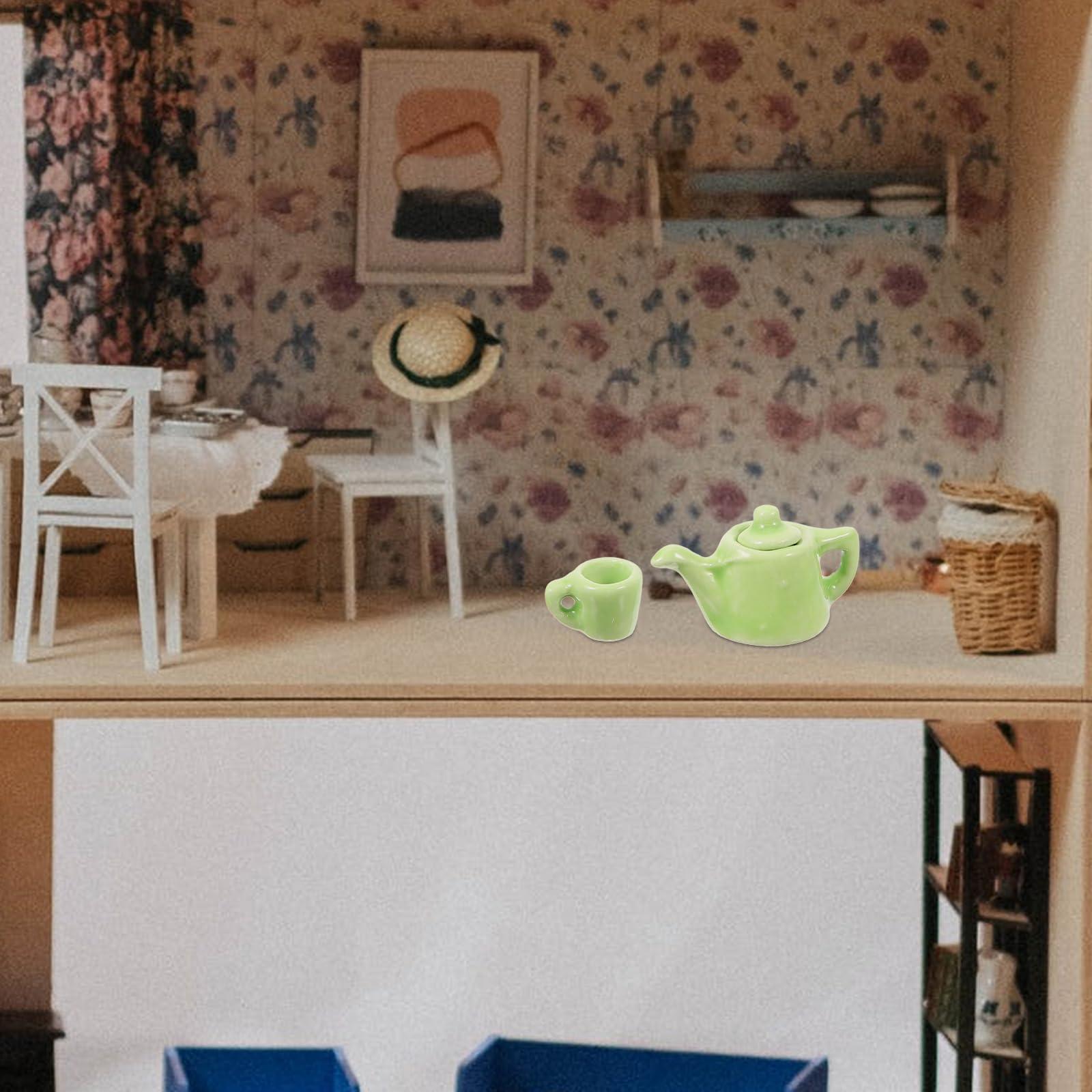 LOGOFUN LOGOFUN Miniature Tea Pot Tea Cups Set Mini Tea Pot Model 1:12 Scale Simulation Tea Cups Prop for Doll House Kitchen Accessories - Green