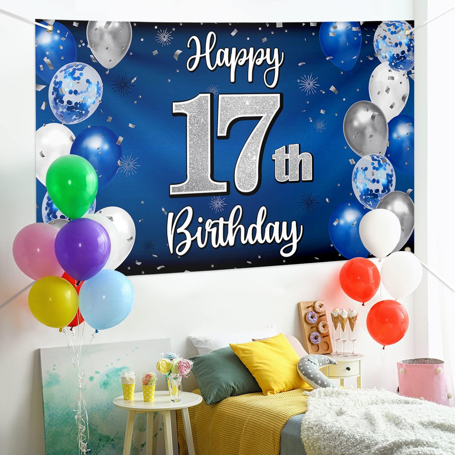Nelbiirth Nelbiirth Happy 17th Birthday Decorations,17th Blue & Silver Balloon Large Birthday Banner Backdrop Sign,Cheers to Seventeen Years Old Bday Party Supplies.