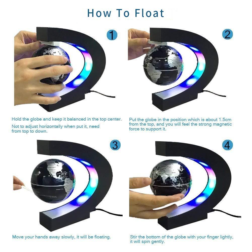 Senders Senders Floating Globe with LED Lights C Shape Magnetic Levitation Floating Globe World Map for Desk Decoration (Black-Silver)