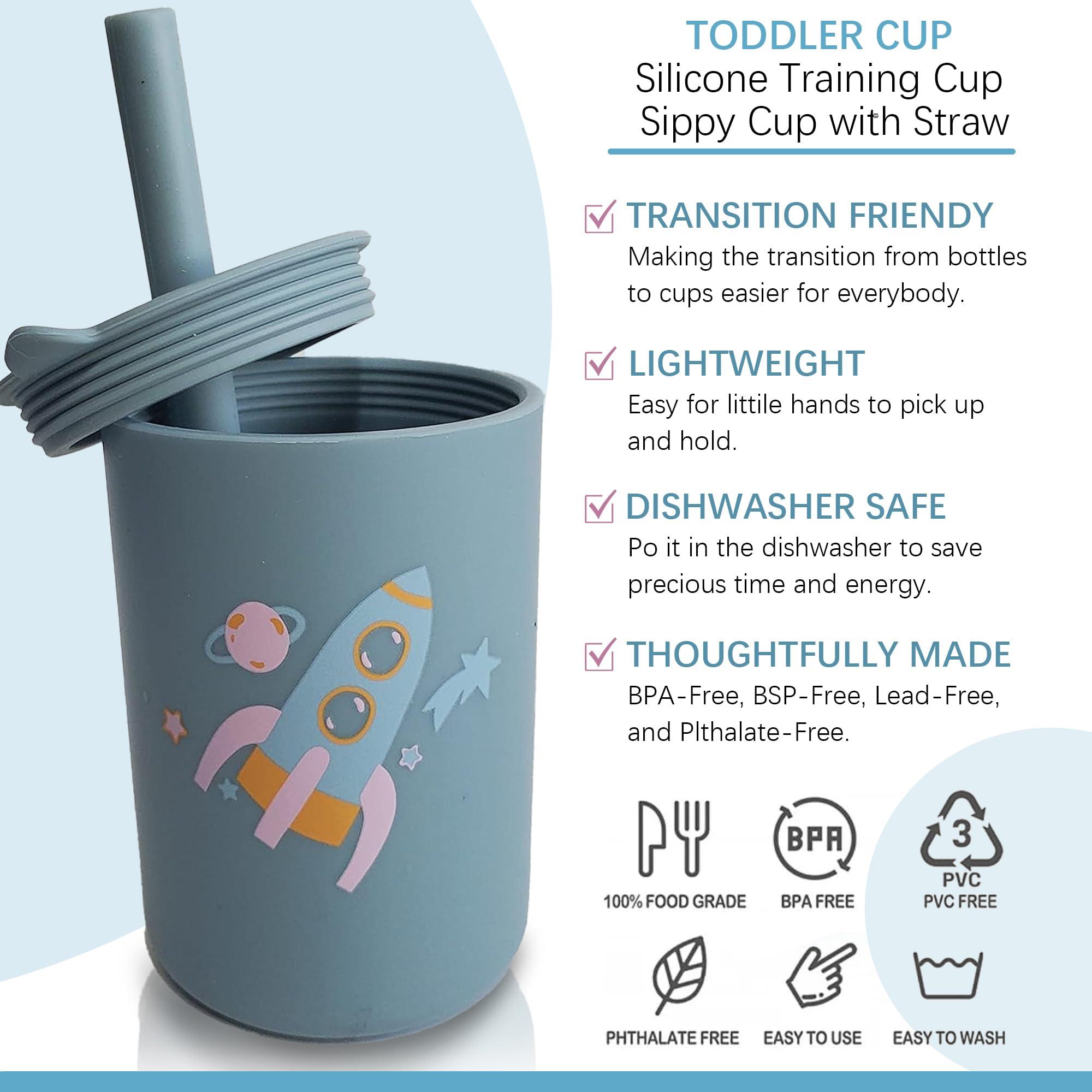 ToysCentral Basics Toddler Cup, Silicone Training Cup Sippy Cup with Straw, Non-Slip, NO BPA, Unbreakable, Trainer Cup for Babies Toddlers and Infants (Dusty blue w/ rocket)