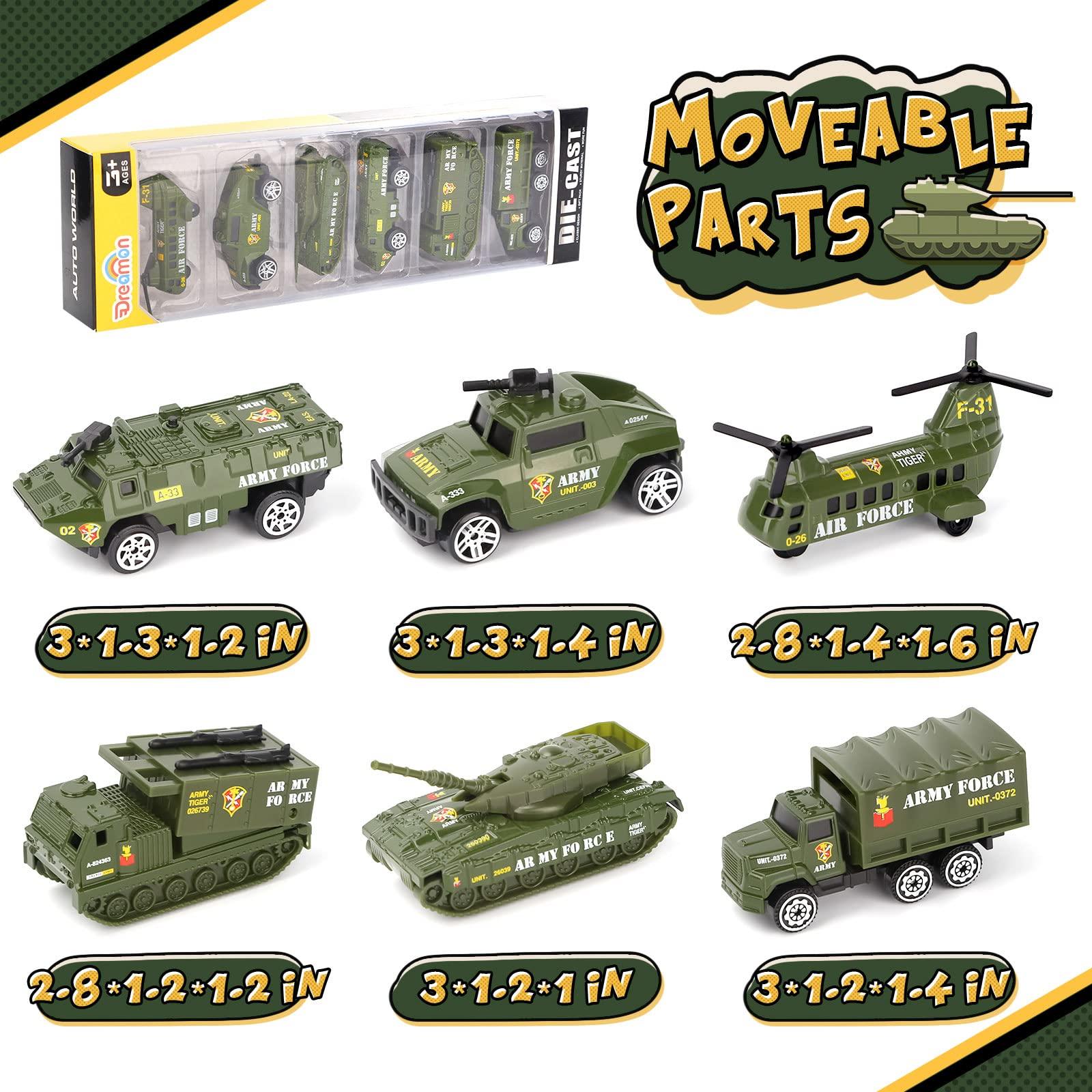 Dreamon Diecast Military Vehicles Army Toy Mini Pocket Size Play Models Truck Tanks Helicopter for Kids Boys Age 3 4 5,Pack of 6