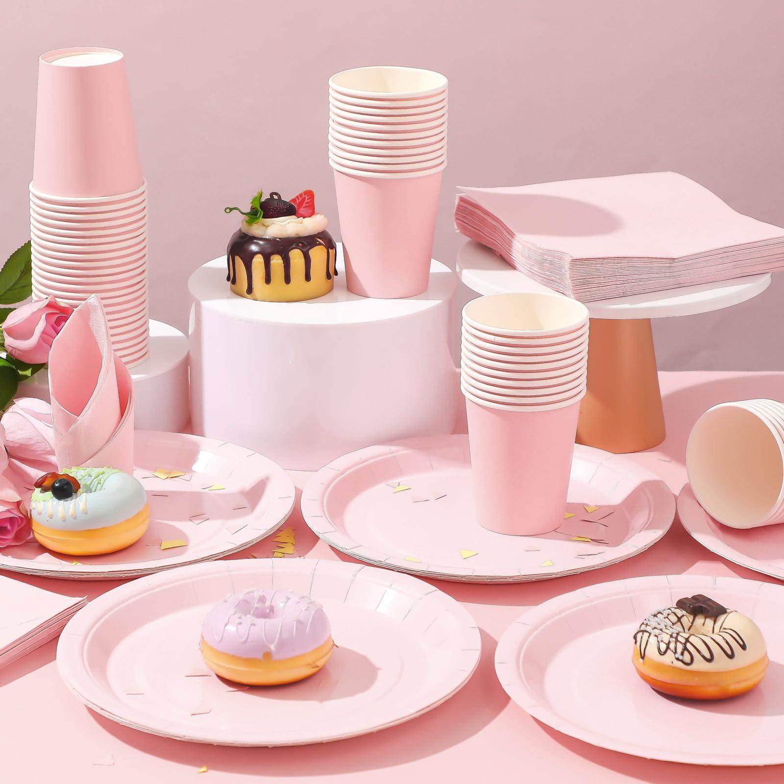 Hushee Hushee 200 Pcs Pink Party Supplies Set Pink Paper Plate and Napkins Serves 50 Guests Pink Disposable Plates Napkins Cups for Baby Shower Decorations for Girl, Pink Party Decorations