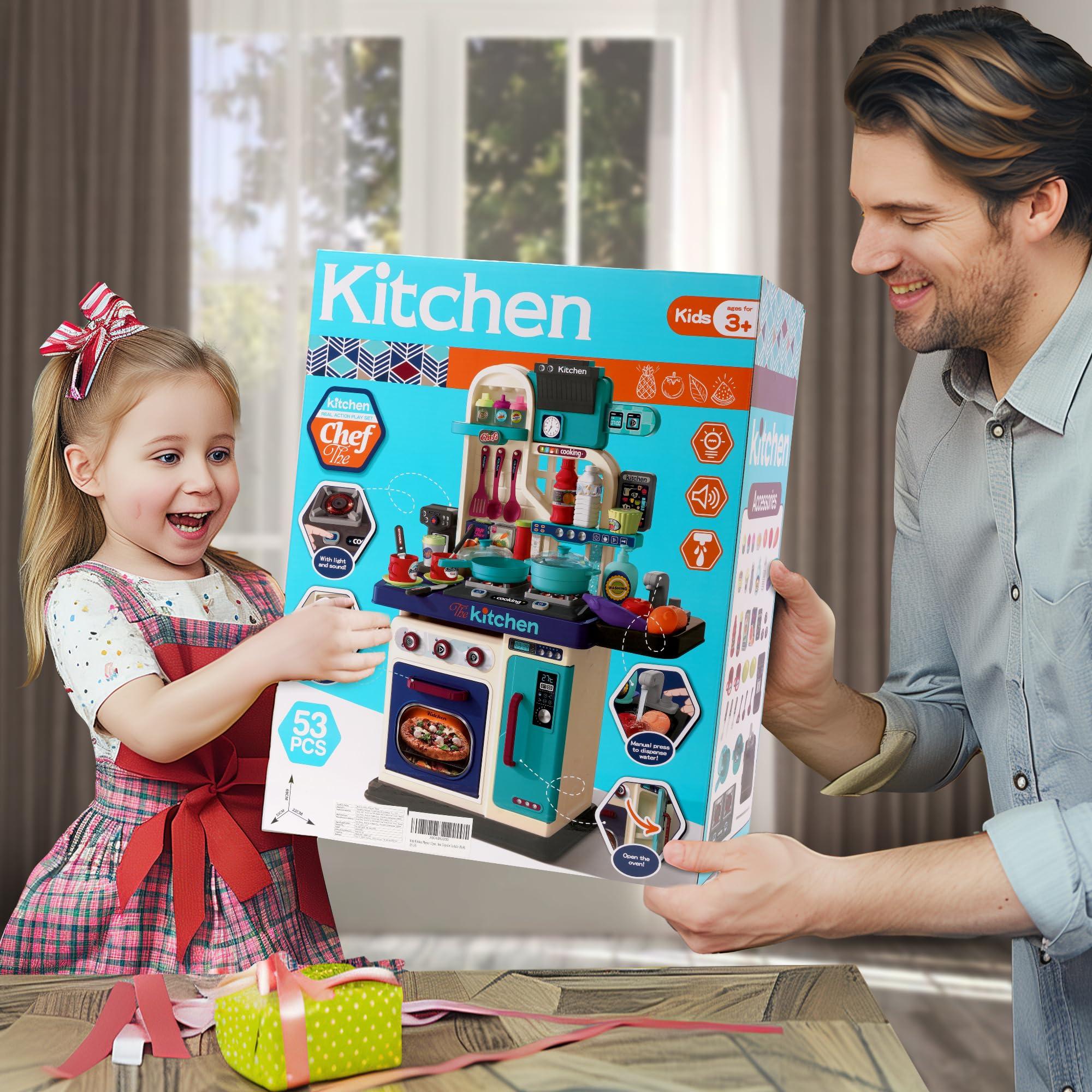 zaddgiuuy Kids Kitchen Playset-53pcs Cooking Stove,Paly Sink,Oven,Kitchen Toys with Realistic Lights&SoundsPretend Play Toys,Kitchen Toys for Toddler 1 2 3(Blue)