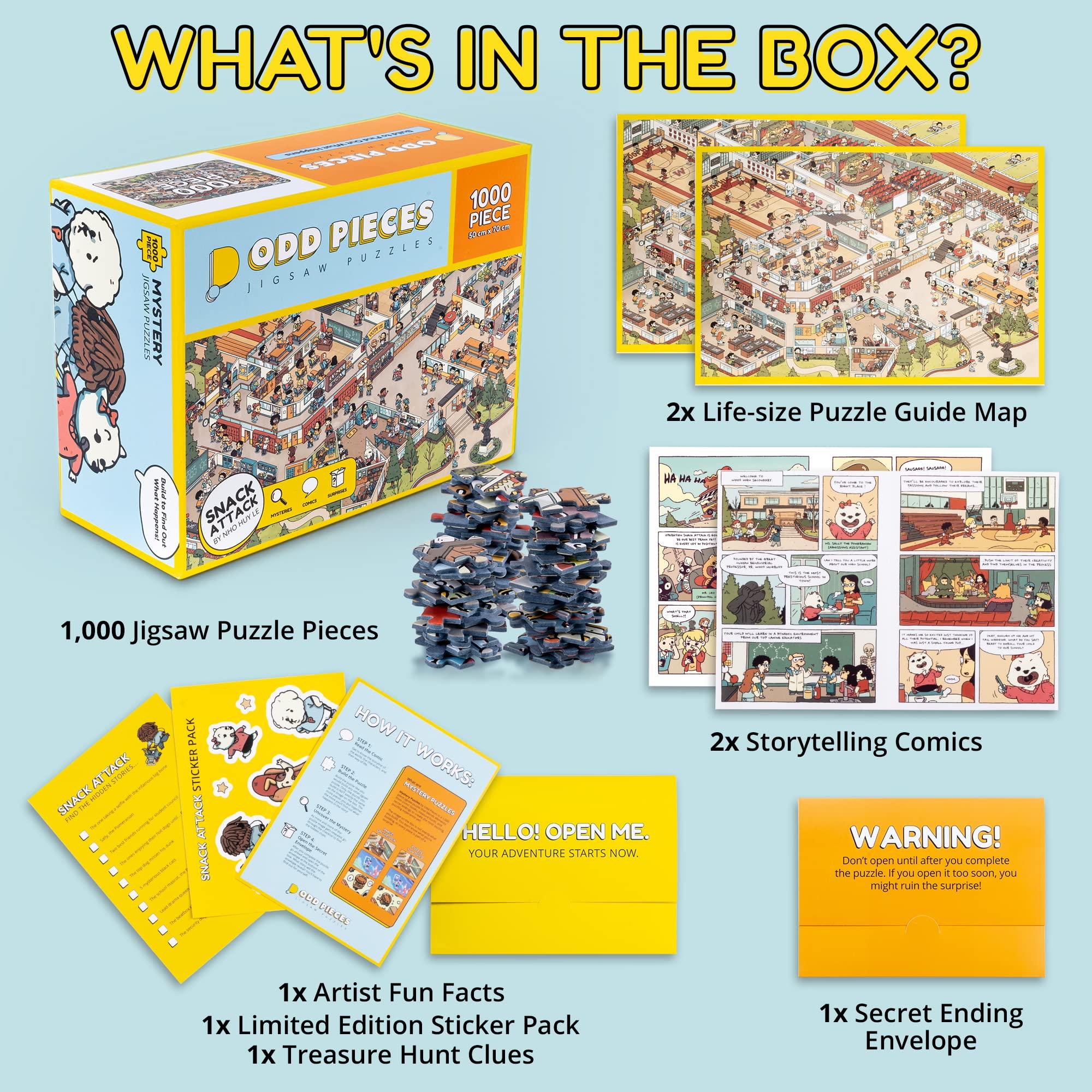 Odd Pieces Odd Pieces Mystery Jigsaw Puzzle-1,000 Pcs Mystery Puzzle with Storytelling Comics, Secret Ending-1000 Piece Puzzle for Adults & Kids 19.7\'\' x 27.6\'\' Frameable Magic Puzzle Art (Snack Attack)