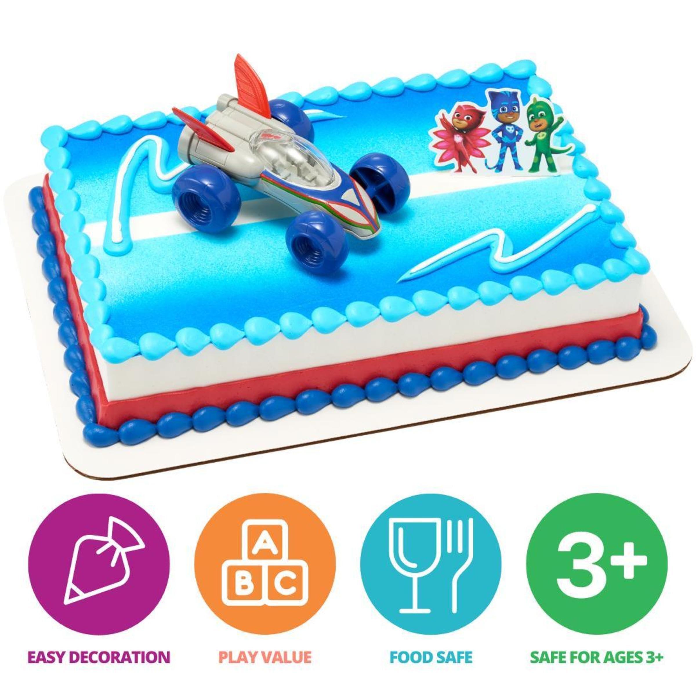 DecoPac DecoSet PJ Masks Save the Day Cake Topper, 2 Piece Cake Decoration With Free-Wheeling Car And Catboy, Owlette, and Gekko Pic | For Birthday, Parties, Celebration