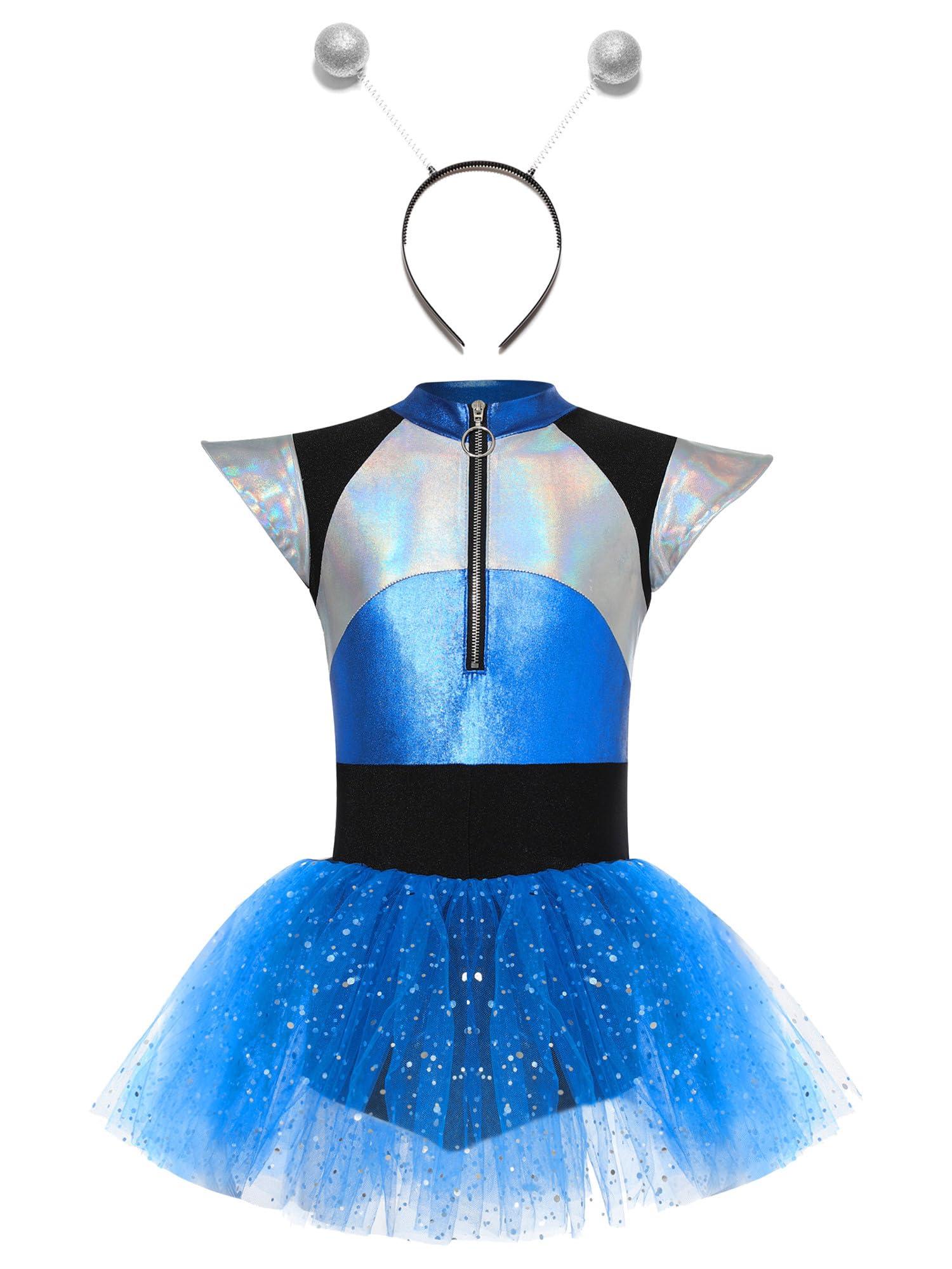Fldy Fldy Kids Girls Alien Costume Halloween Robot Cosplay Outfits Shiny Metallic Leotard Sparkly Sparkly Tutu Tulle Dress A 16 Years