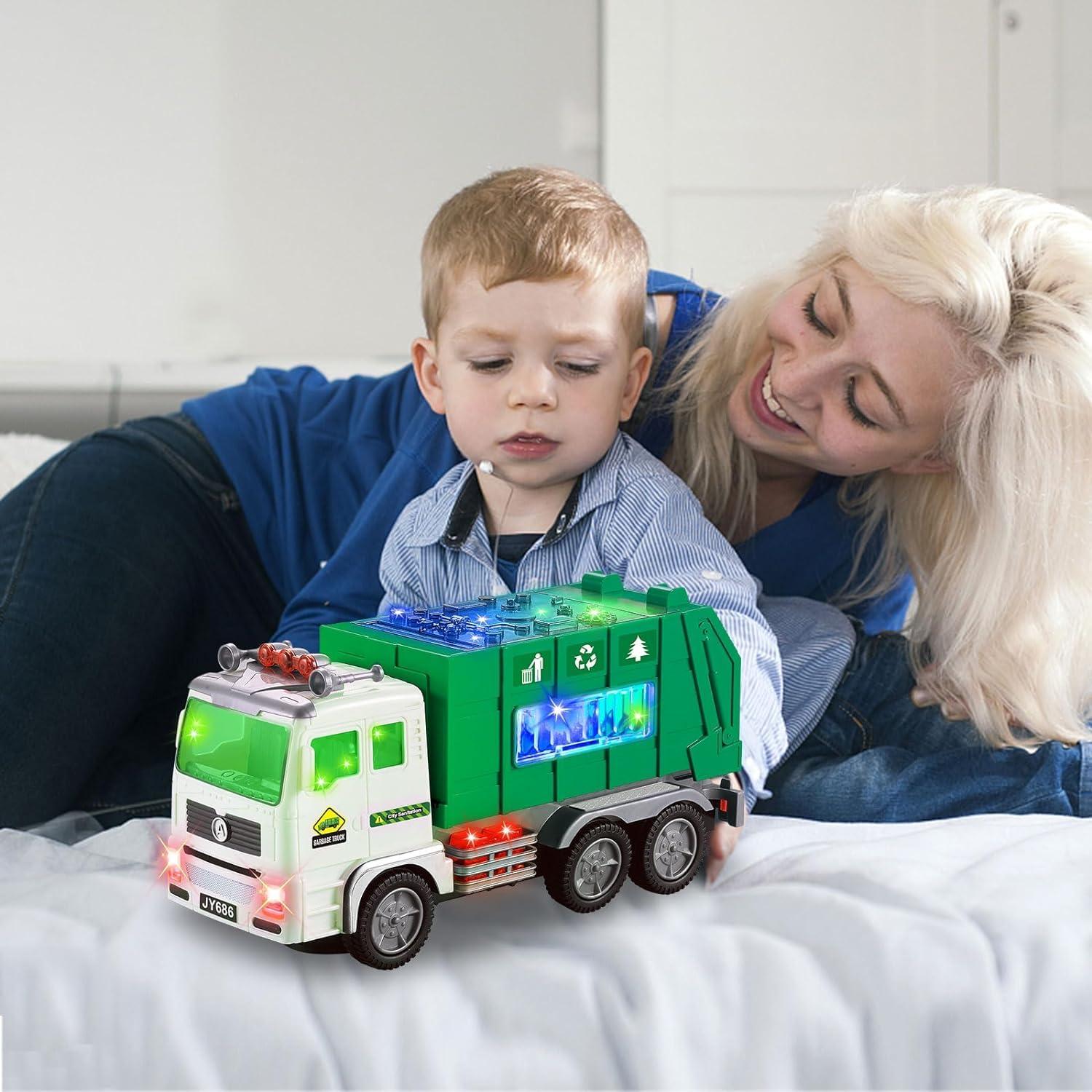 Ynanimery Toy Garbage Truck & Fire Truck & Construction Excavator Toys & Container Truck Toy Cars for Toddlers Boys 1-3 4-7 Birthday Gifts, Truck Car Toys with 4D Lights & Music- Automatic Bump Go Garbage Truck