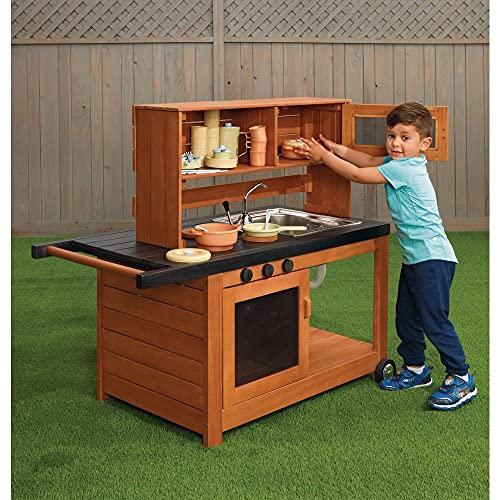 Excellerations Excellerations Indoor-Outdoor Moveable Play Kitchen with Hutch, Sink, and Working Pump Faucet for Preschoolers, Outdoor Learning, Dramatic Play, Cooking Pretend Play