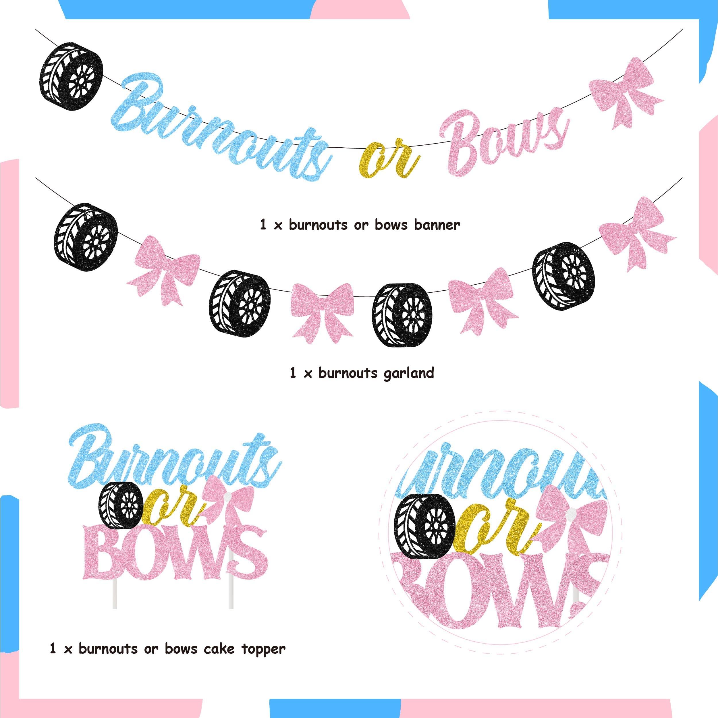 Balterever Burnouts or Bows Gender Reveal Decorations Bunting He or She Blue Pink Banner Cake Topper for Baby Shower or Pregnancy Announcement