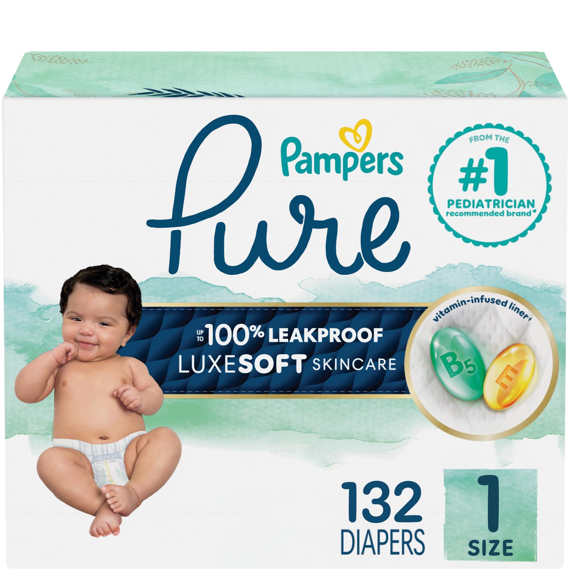 Pampers Pampers Baby Diapers - Pure Protection - Size 1, 132 Count, for up to 100% Leakproof, Premium Plant-based Skin Protection