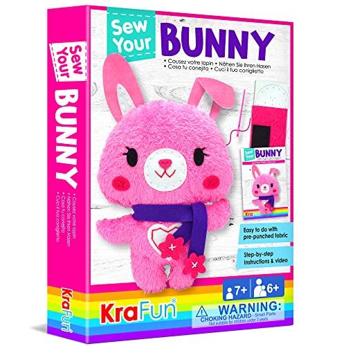 KRAFUN Sewing Kit for Kids Beginner My First Art Craft Includes Bunny Doll Stuffed Animal Instructions Plush Felt Materials for Learn to Sew Embroidery Age 7 8 9 10 11 12