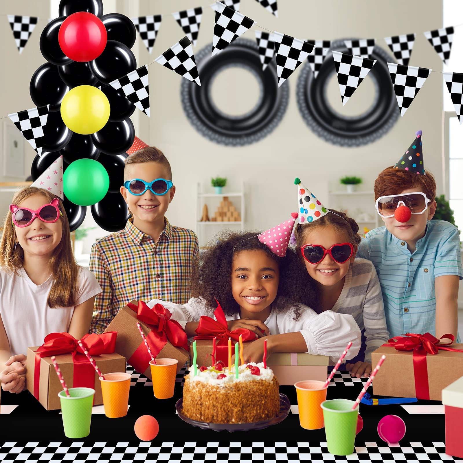 Woanger 78 Pcs Race Car Birthday Party Decor Include 46 Traffic Light Balloons, 12 Traffic Cones, 12 Checkered Flag, 2 Pennant Banner, 2 Tire Swimming Ring, 1 Track Running Mat, and 3 Assembly Accessories