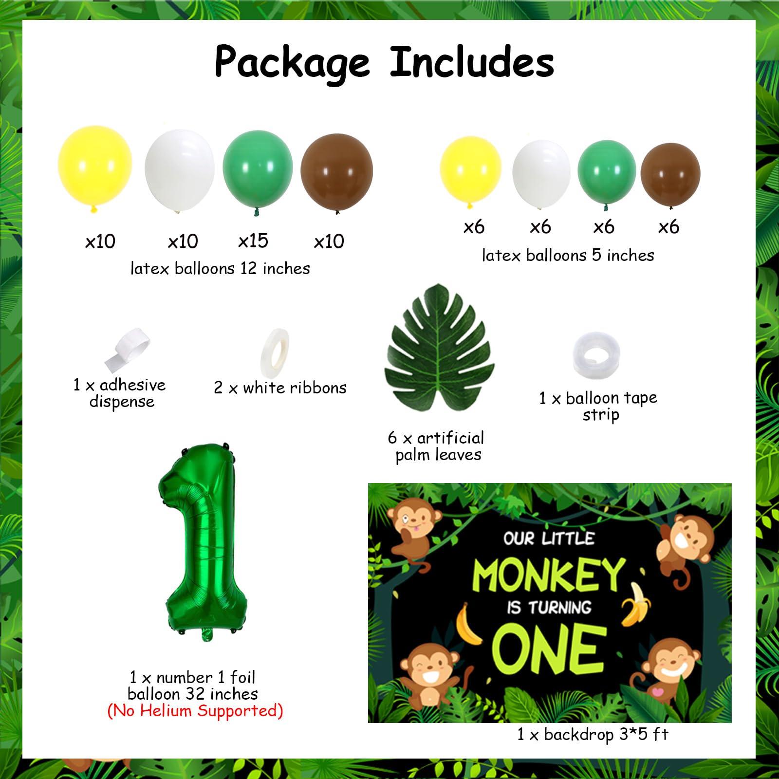 Funmemoir Monkey 1st Birthday Party Decorations - Our Little Monkey Is Turning One Backdrop, Jungle Safari Balloon Garland Arch Kit, Artificial Palm Leaves, Foil Balloons, Jungle Monkey Birthday Decorations