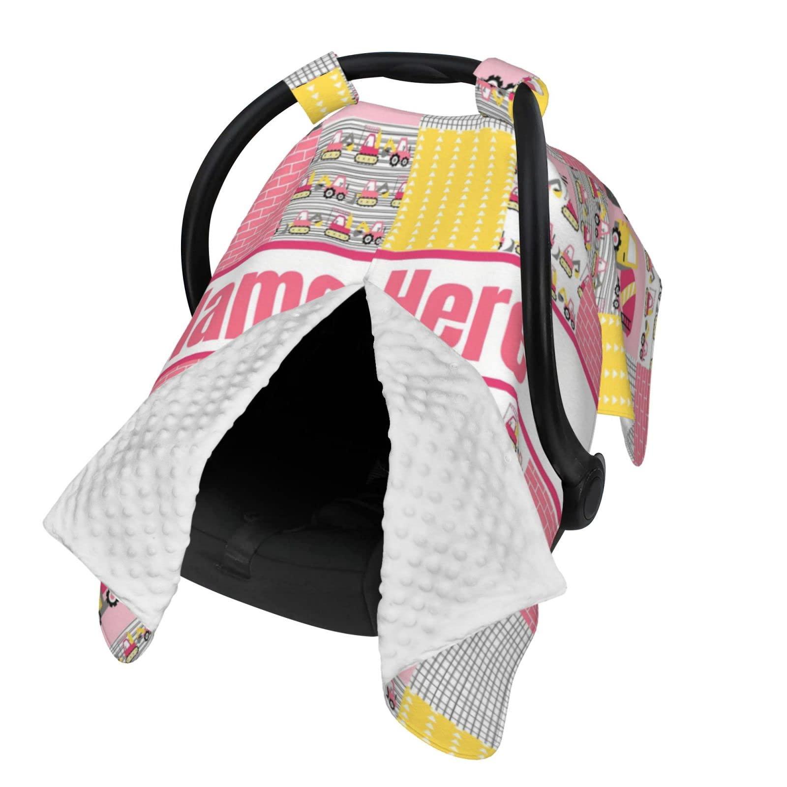 Naseagleeye Personalized Baby Car Seat Canopy for Babies with Name, Custom Car Seat Covers for Girls, Infant Opening Minky Nursing Breastfeeding Stroller Cover Carseat Canopies for Newborn (Construction Truck)